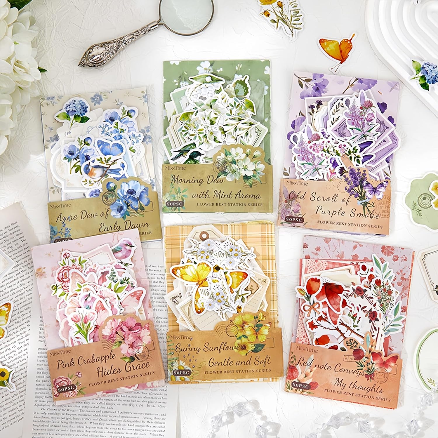 480Pcs Vintage Floral Scrapbook Paper Stickers Set, Junk Journal Supplies with 6 Antique Designs, Mixed Sizes Craft Paper for DIY Card Making, Planner Decoration, Photo Album & Memory Keeping