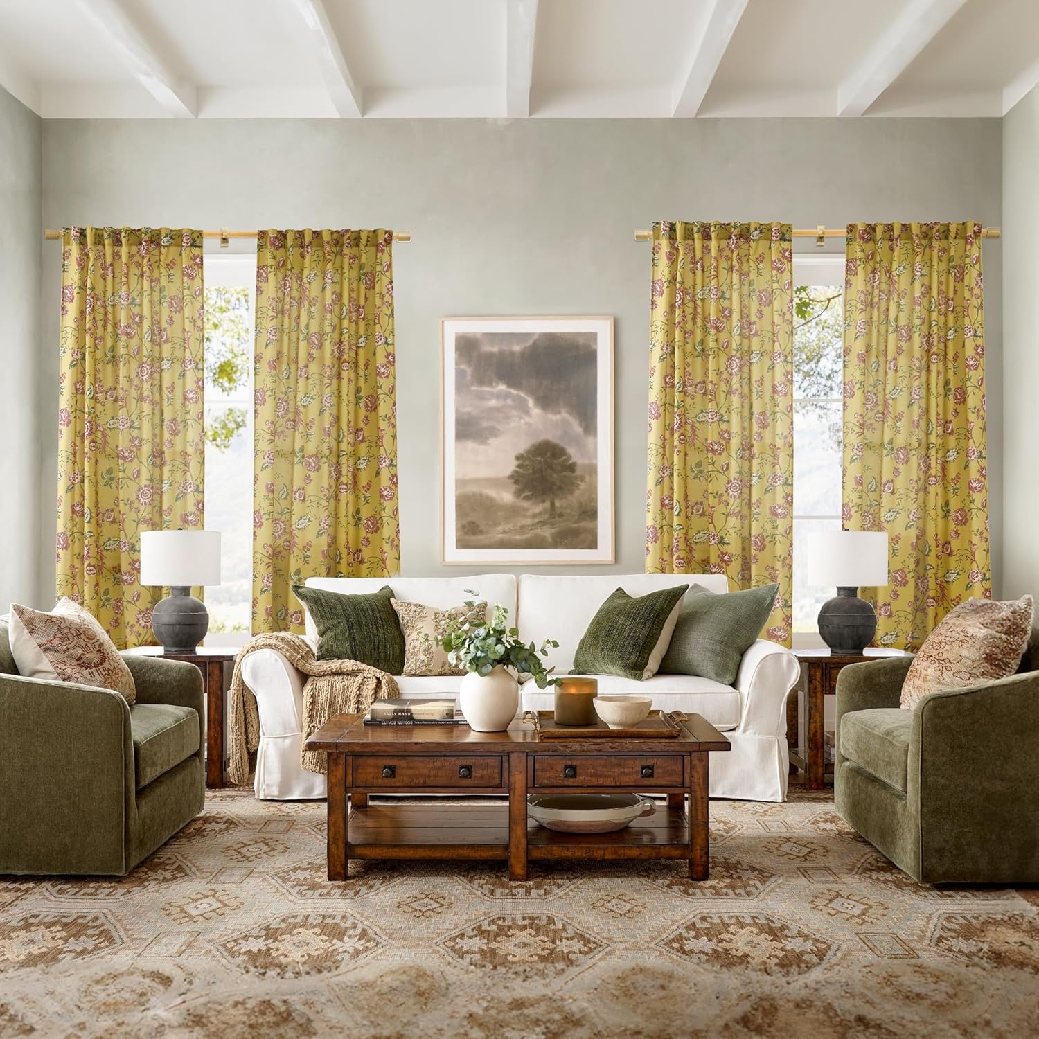 Floral Farmhouse Curtains Semi-Blackout Living Room Drapes 63 Inch Length Cotton Linen Blend Short Window Curtain Panels with Mustard Yellow Red Floral Back tab Bedroom Drapes, 2 Panel