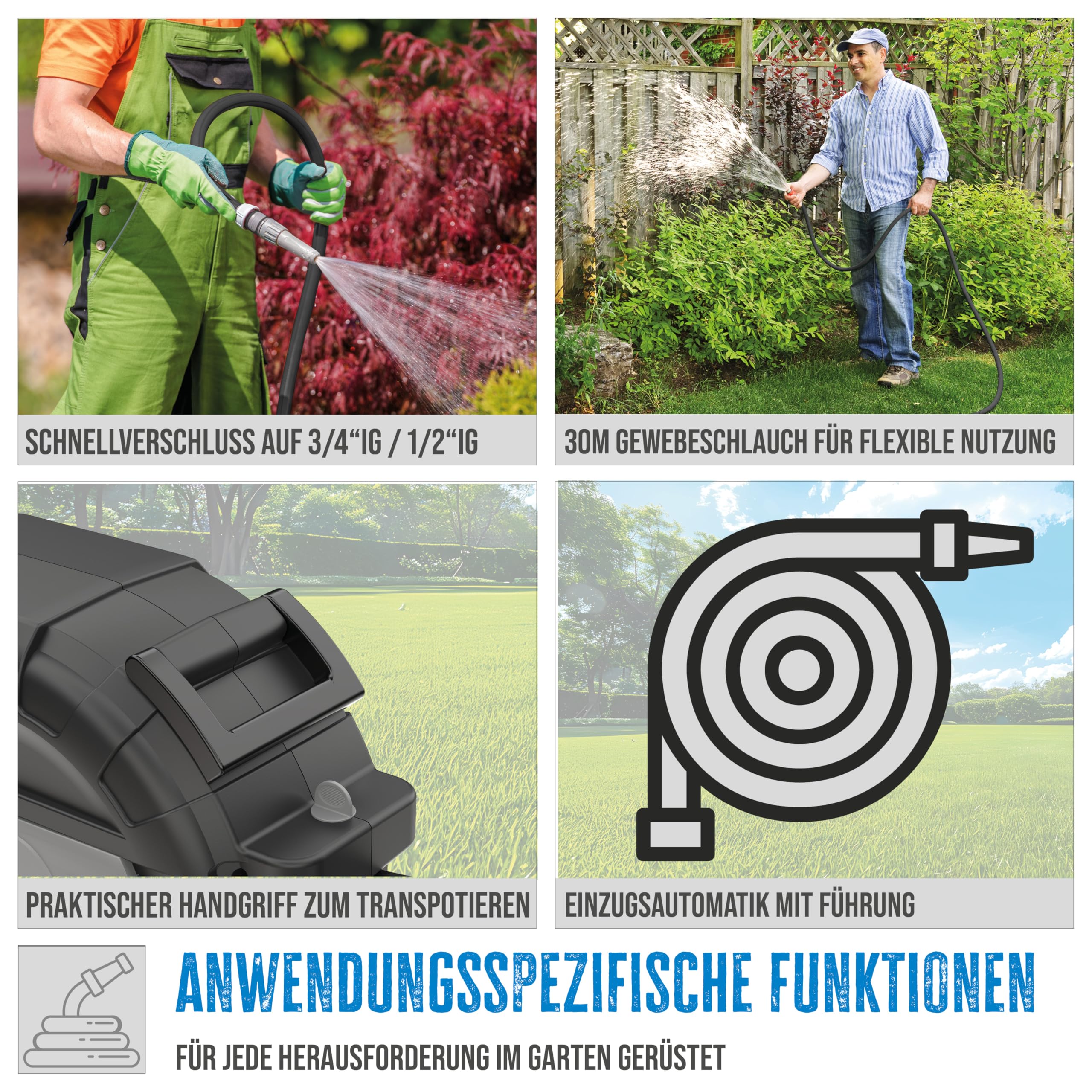 Güde Automatik Schlauchtrommel 30-2-2 1/2 (180° schwenkbar, zur Wandmontage, 30 m Schlauch, Wasserspritze, Wandhalterung, Einzugsautomatik, Einzugsstopp, Tragegriff, 2 Schnellverschlusskupplungen)