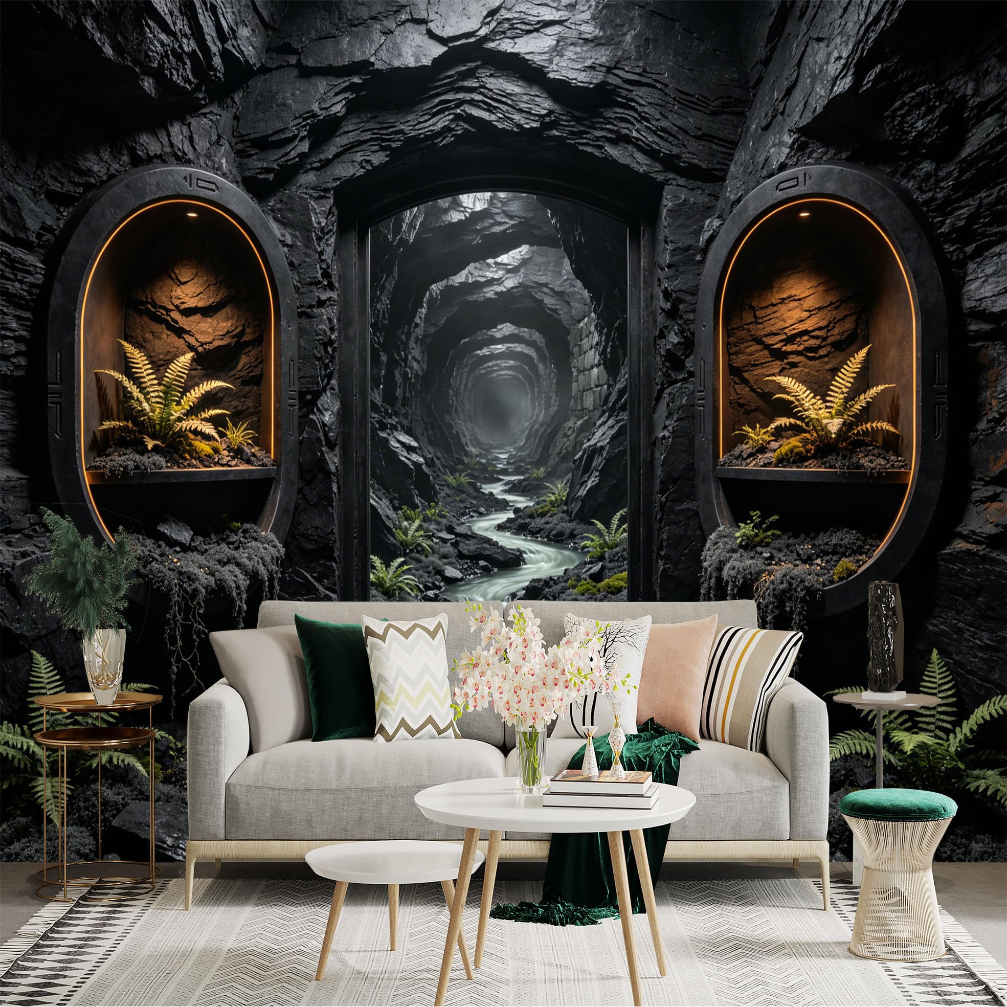 Custom Size Wall Sticker Mural， Dark Stone Tunnel with Ferns and Flowing Stream， for wall Decoration， peelandstick wall Decals.