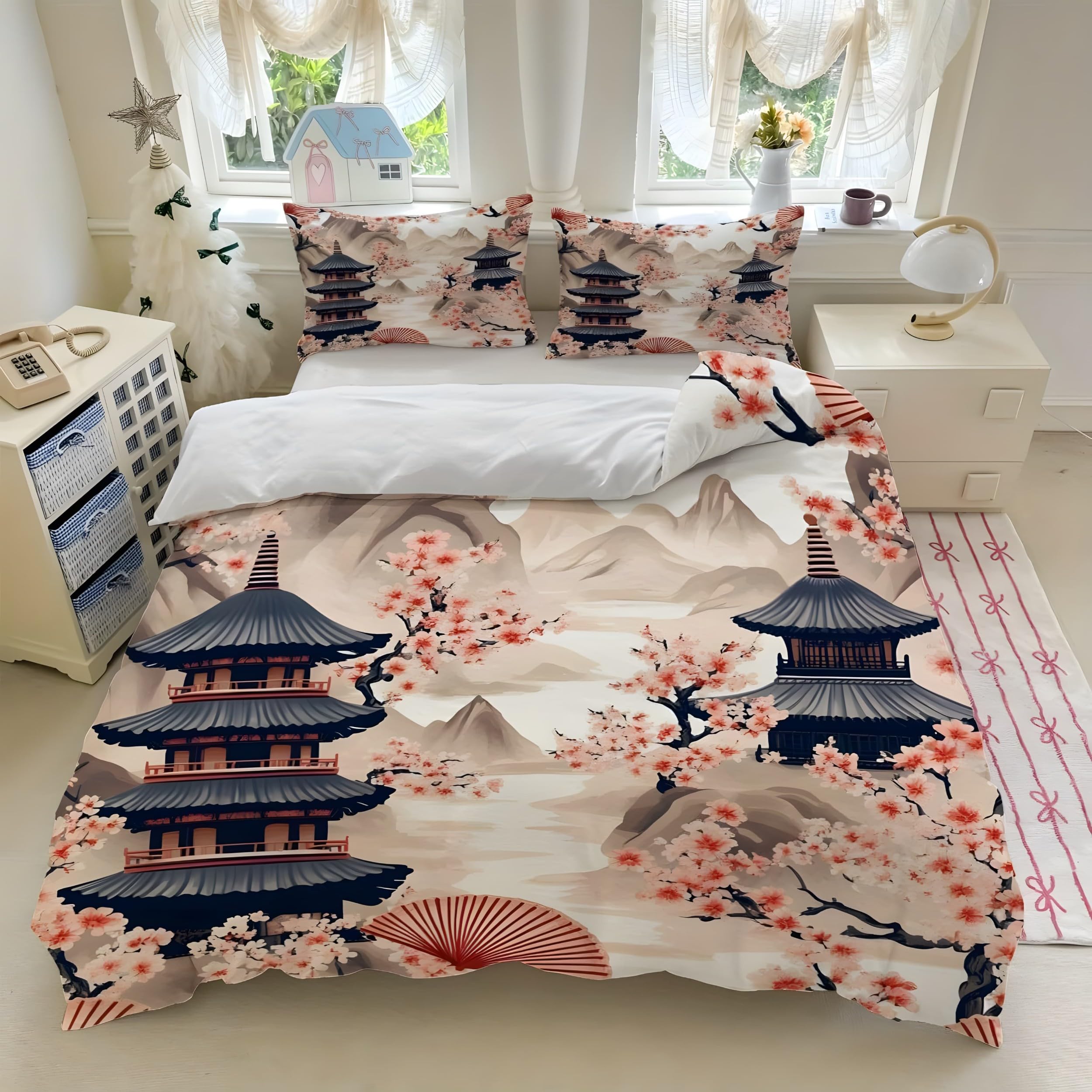 YZQGLHP Ancient Japanese Pagoda Double Duvet Cover Cherry Blossom Folding Fan Bedding Double Bed Set with Zipper Lightweight Microfibre Quilt Cover with 2 Pillowcases 50x75cm