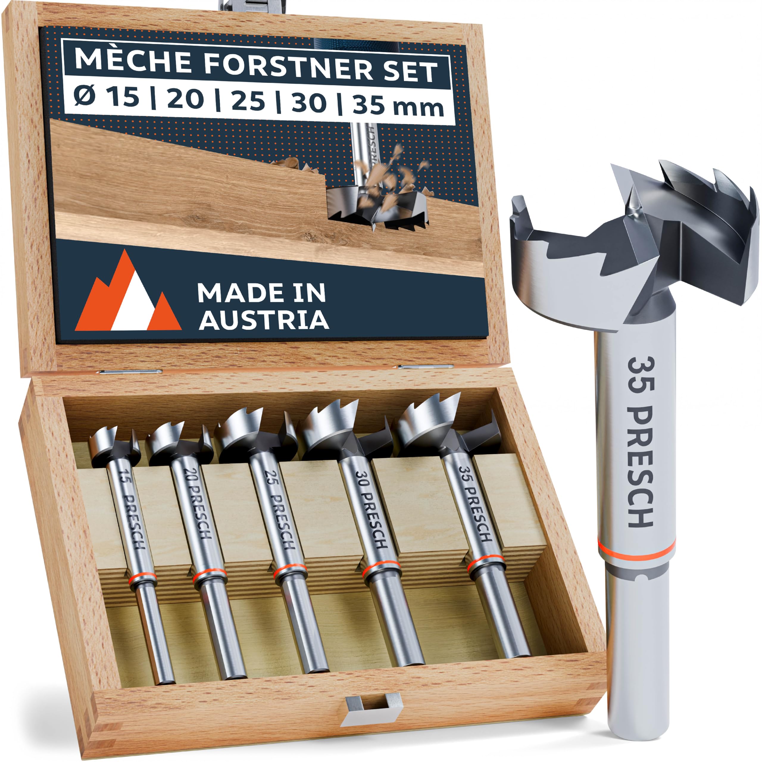 Mèches Forstner Presch - Lot De 5 (15,20,25,30,35mm) | Pour Trous Parfaits Dans Le Bois, Précision Autrichienne