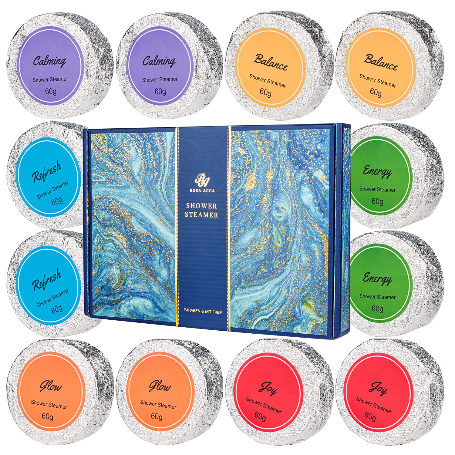 Rosa ACCA Aromatherapy Shower Steamers - Variety Pack of 12 Shower Bombs with Essential Oils.Lavender,Eucalyptus, Bergamot,Rose,Tea Tree,Peppermint,Natural Organic Vegan Bath Gift Set for Women & Men