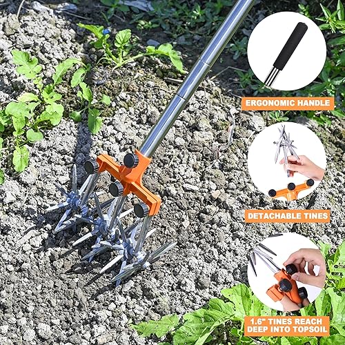 Miniatura 5 de BARAYSTUS Cultivador giratorio para jardín, postes de acero inoxidable ajustables, para mezclar o volver a sembrar césped, longitud total de 57