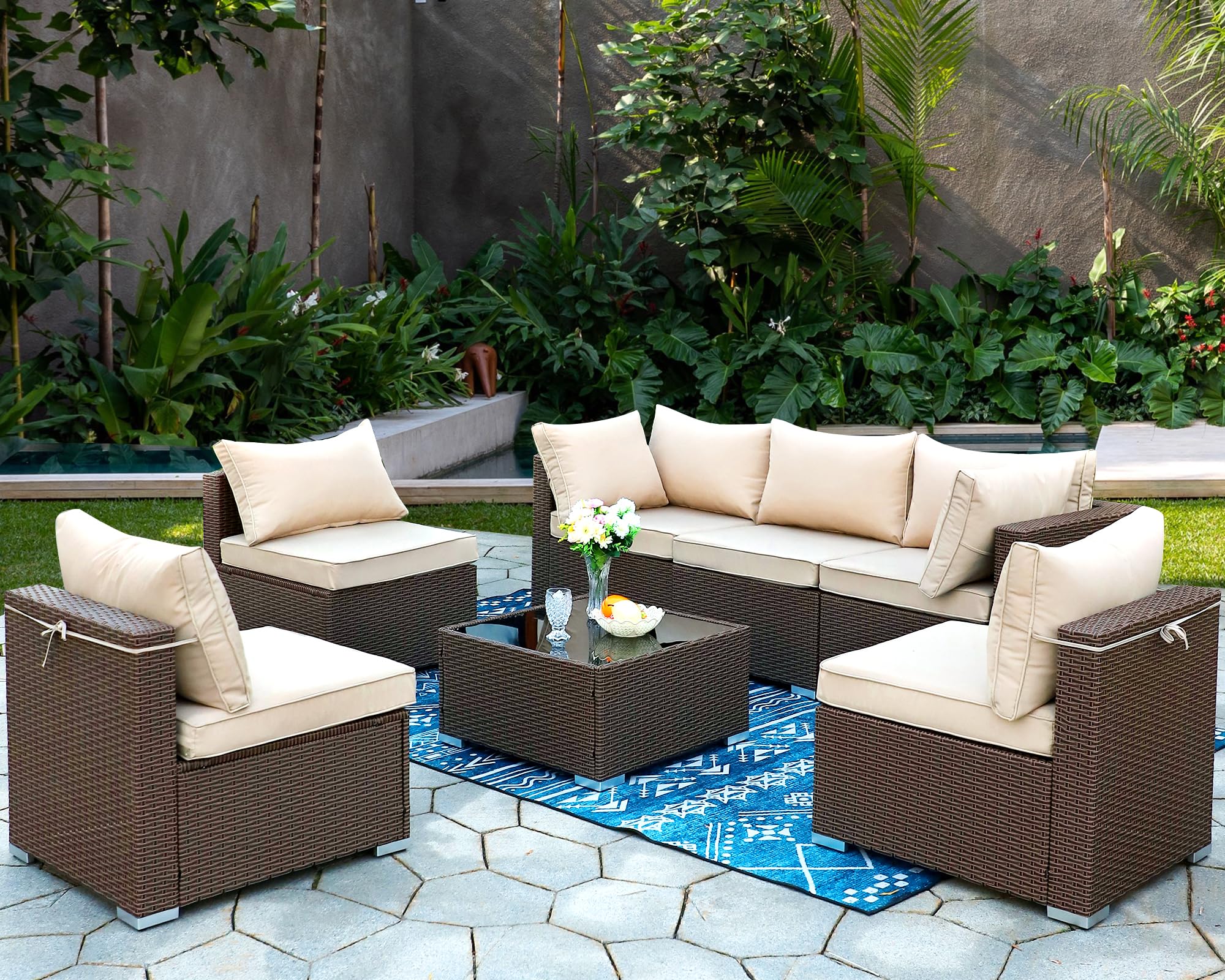 LEISU 7 Pieces Patio Rattan Wicker Outdoor Furniture Sectional All-Weather Sofa 7-Piece Conversation Set with Cushions (Beige Cushions Brown Rattan)
