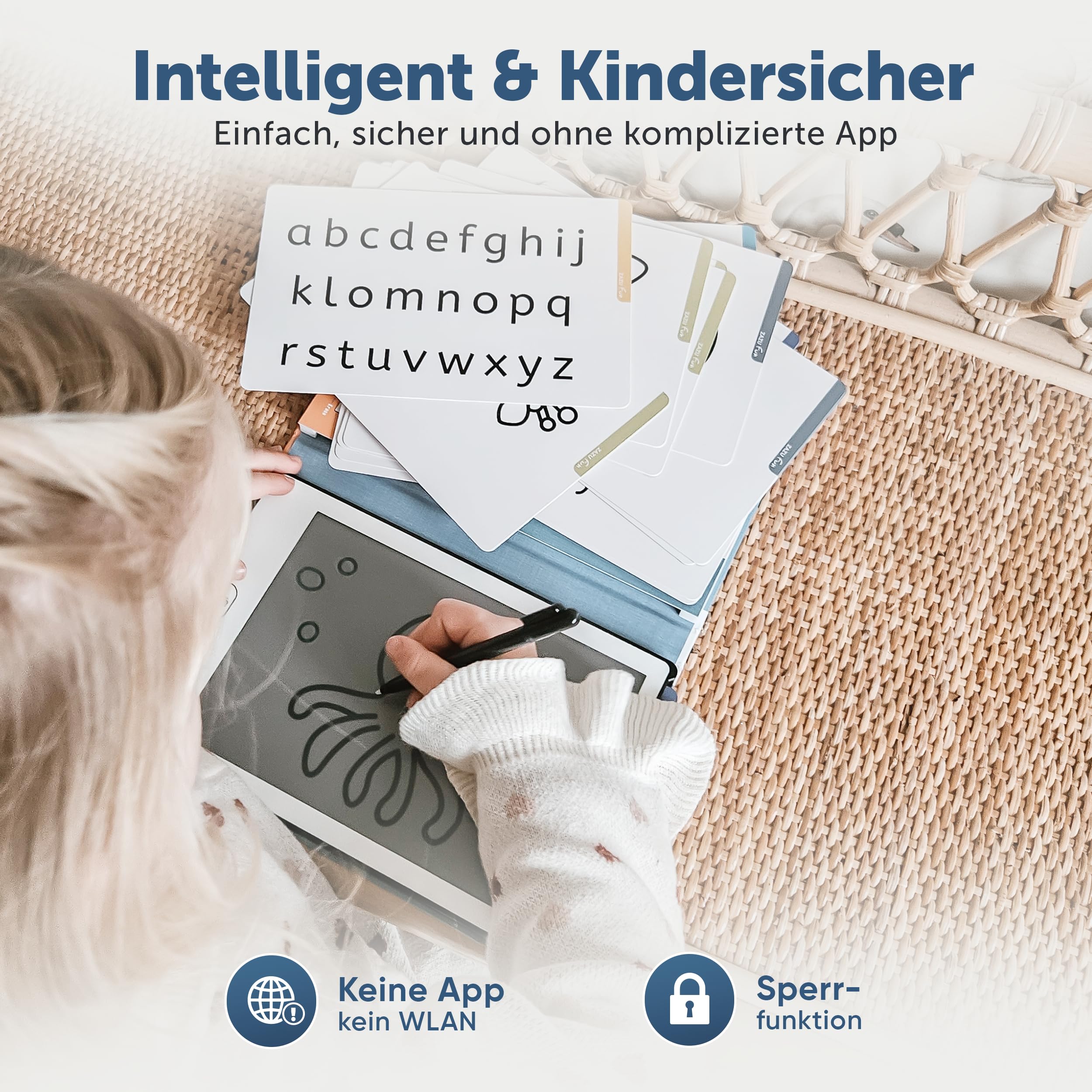 Zazu LCD Zeichentablet Kinder 8,5 Zoll mit 40 Vorlagenkarten & Stift – Maltablet mit Löschfunktion und Sperrtaste – Kreatives Lernspielzeug für Zuhause & unterwegs
