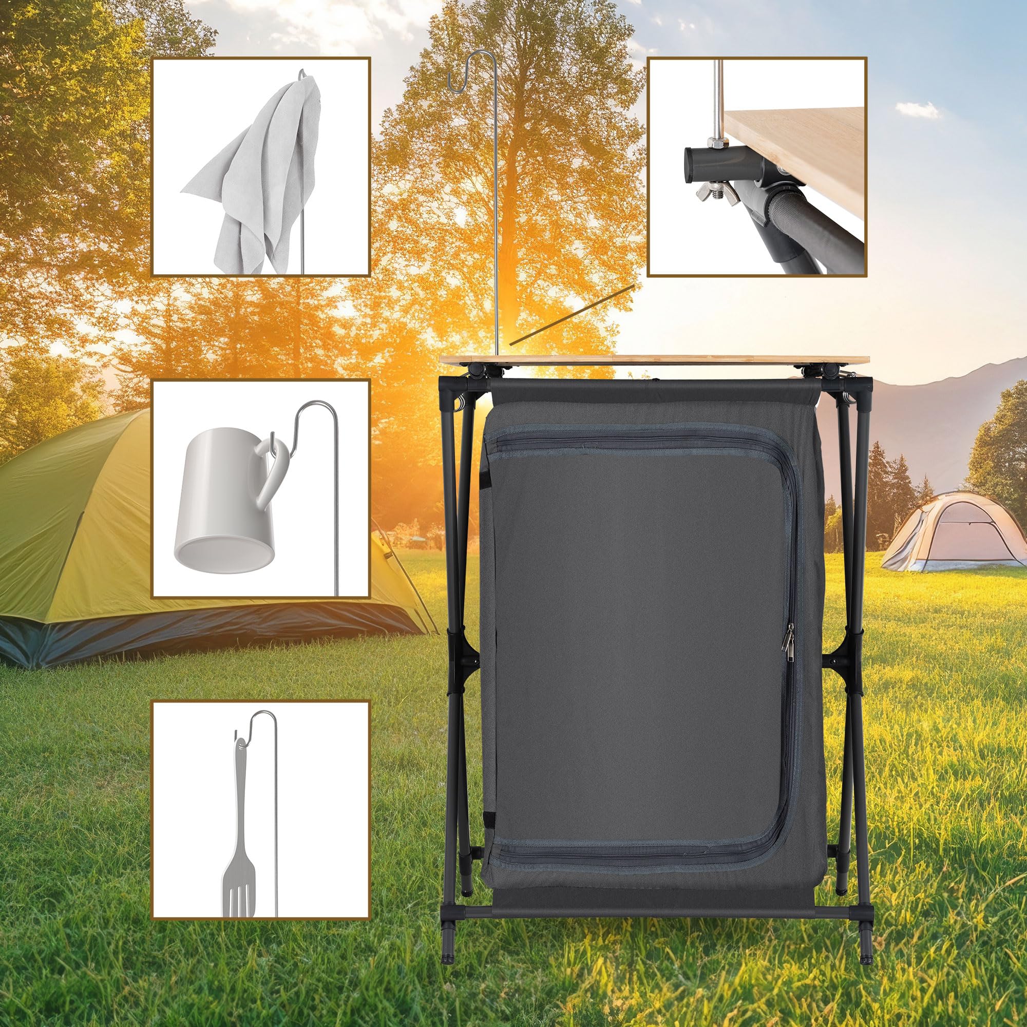Stagecaptain Armoire de Camping CSB-85 - Cuisine Pliable Outdoor avec Plateau Bambou Robuste, Structure Aluminium, idéale Camping, caravanes, Jardin, Maison - Sac de Transport Inclus.