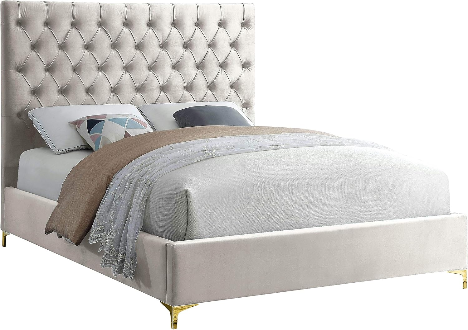 Meridian Furniture Cruz Collection Modern | Contemporary Velvet Upholstered Bed with Deep Button Tufting and Complete Sets of Gold and Chrome Legs Included, King, Cream