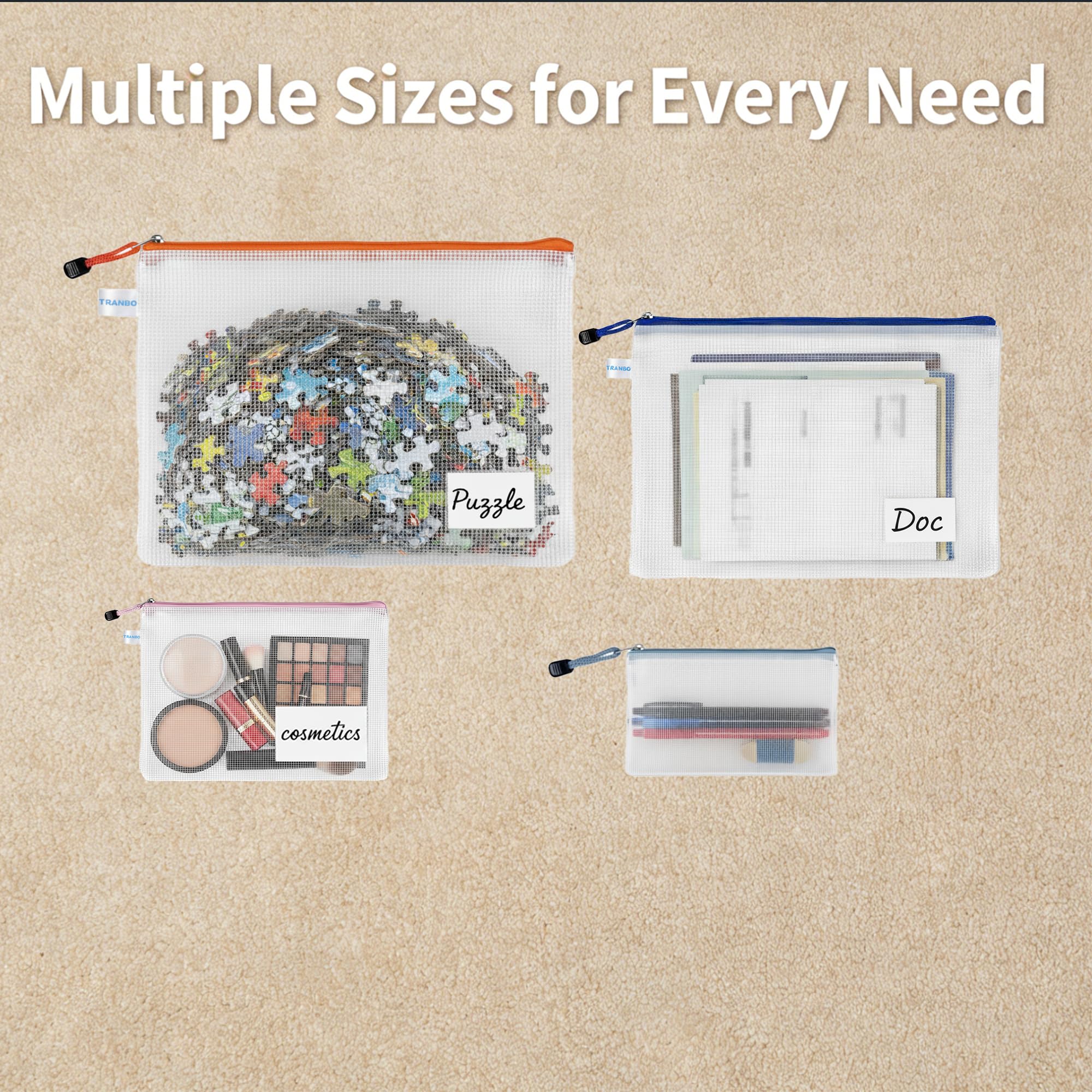 20 Pack Mesh Zipper Bags 8 Sizes Mixed, Plastic Zip-Lock Wallets with Label Pockets, Multi Size Document Storage Pouches for Office, School, Travel & Home - Image 3