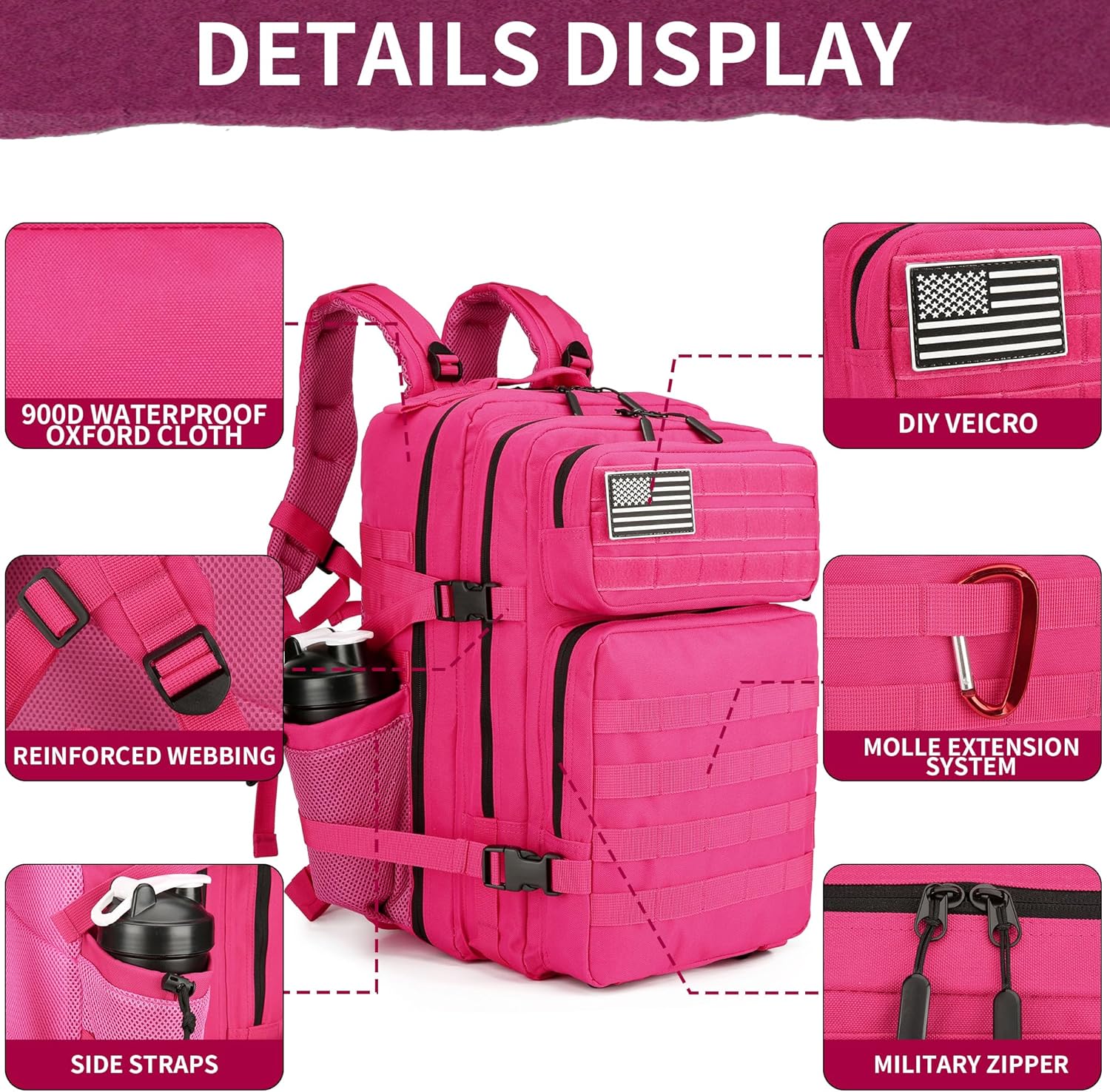 45L Military Tactical Backpacks 3 Days Assault Pack Bag Fitness Rucksack 3 Day Bug Out Bag Hiking Treeking Molle Daypack (RoseRed&Black)