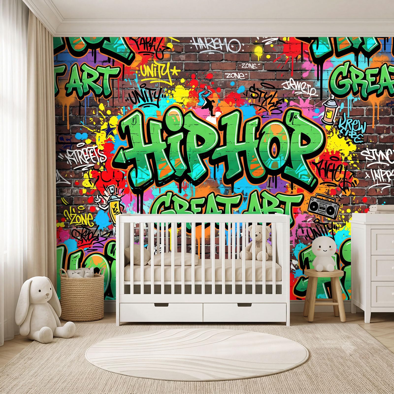 Modern Graffiti Wald Panorama Fototapete 400 x 280 cm, Tintenspritzer Buchstaben Ziegelwand Vlies Tapeten Wandtapete, Bunt Wandbilder Tapete für Wohnzimmer Schlafzimmer Apartment Flur Dekoration