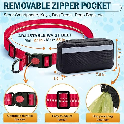 Miniatura 5 de Correa de perro manos libres con cinturón  Bungee sin tirones, asas acolchadas dobles y bolsa con cremallera para correr, caminar y entrenar  Correa