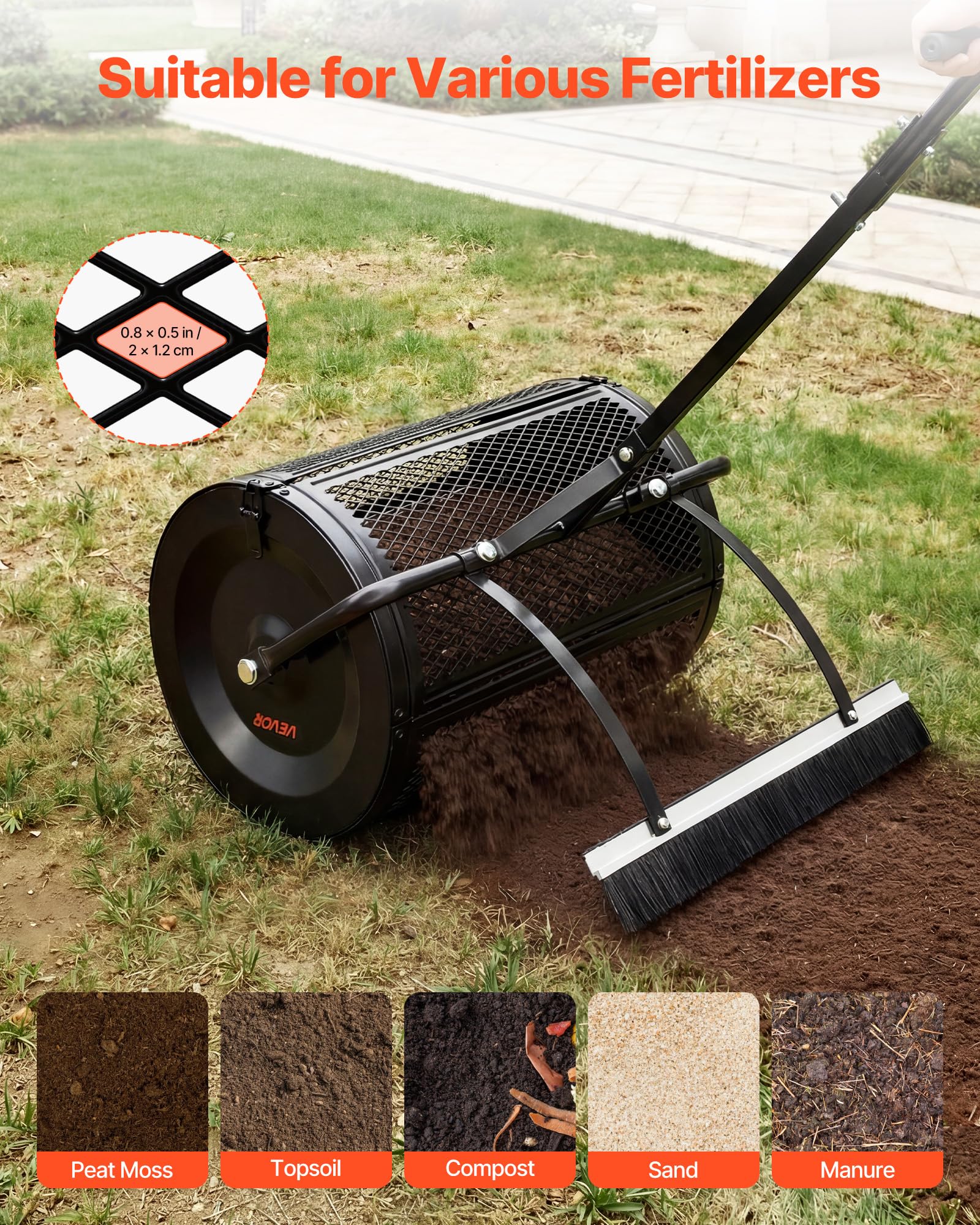 VEVOR Spargitore a Rullo per Compost Giardino, Spargitore per Terreno Larghezza 61 cm Rullo a Rete per Distribuzione di Muschio da Prato Maniglia a Spinta Altezza Regolabile, Spandiconcime per Prato