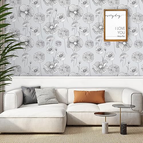 Miniatura 9 de WENMER Papel tapiz floral de 17.3 x 118 pulgadas, papel tapiz floral gris para despegar y pegar, papel tapiz vintage de amapola de maíz, papel de