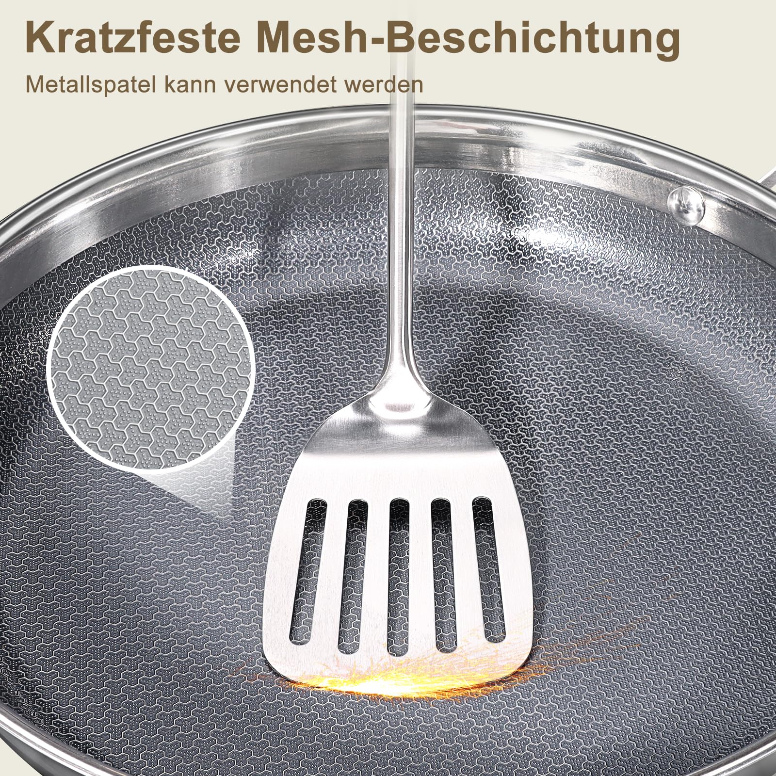 GiPP Antihaft Edelstahl Bratpfanne, Dreischicht Edelstahlpfanne,Waben Anti-Haftbeschichtung,Profi-Kochgeschirr zum Anbraten für Alle Herdarten Geeignet(30CM mit Deckel)