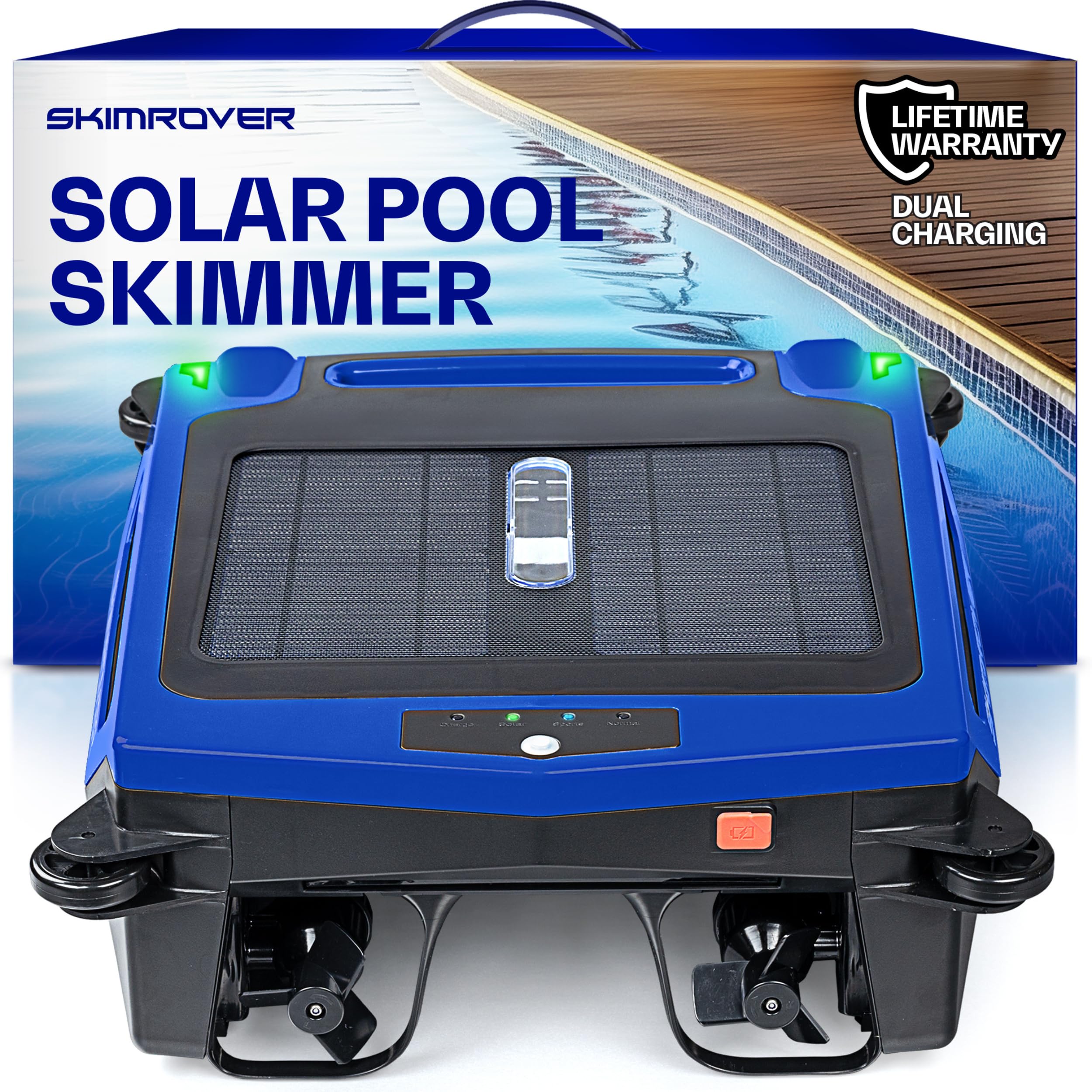 Skimrover Solar Powered Pool Skimmer Robot – Charges by Solar & Wall Plug – 2 Modes - 5000 mAh Battery Continuous Surface Cleaning - Shallow Water Anti-Stranding Bars - Salt Chlorine Tolerant Motors