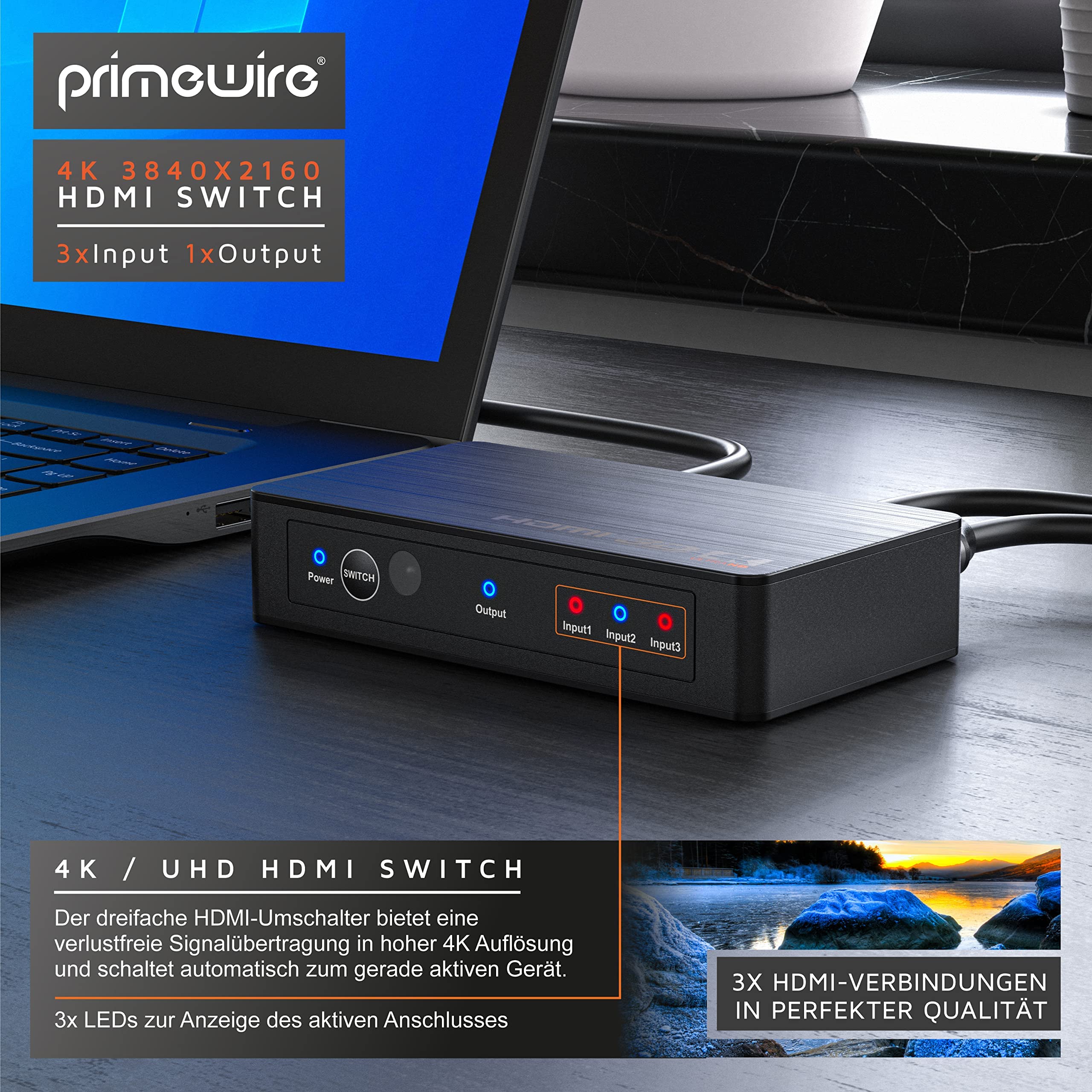 CSL - HDMI 2.0 Verteiler 4k 60Hz - 3 Port Switch mit Fernbedienung - 2.0b Ultra HD 4096x2160 3840x2160 - HDR - 3D Ready - HDCP - 48 Bit Deep Color - automatische Umschaltung -mit Netzteil