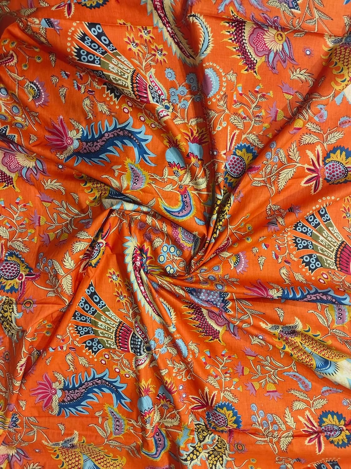 Indian Hand-Block Printed Jaipuri Mukut Floral Print Ethnic Sanganer Kurti Print Cotton Fabric (5 Yards, Orange Mukut)