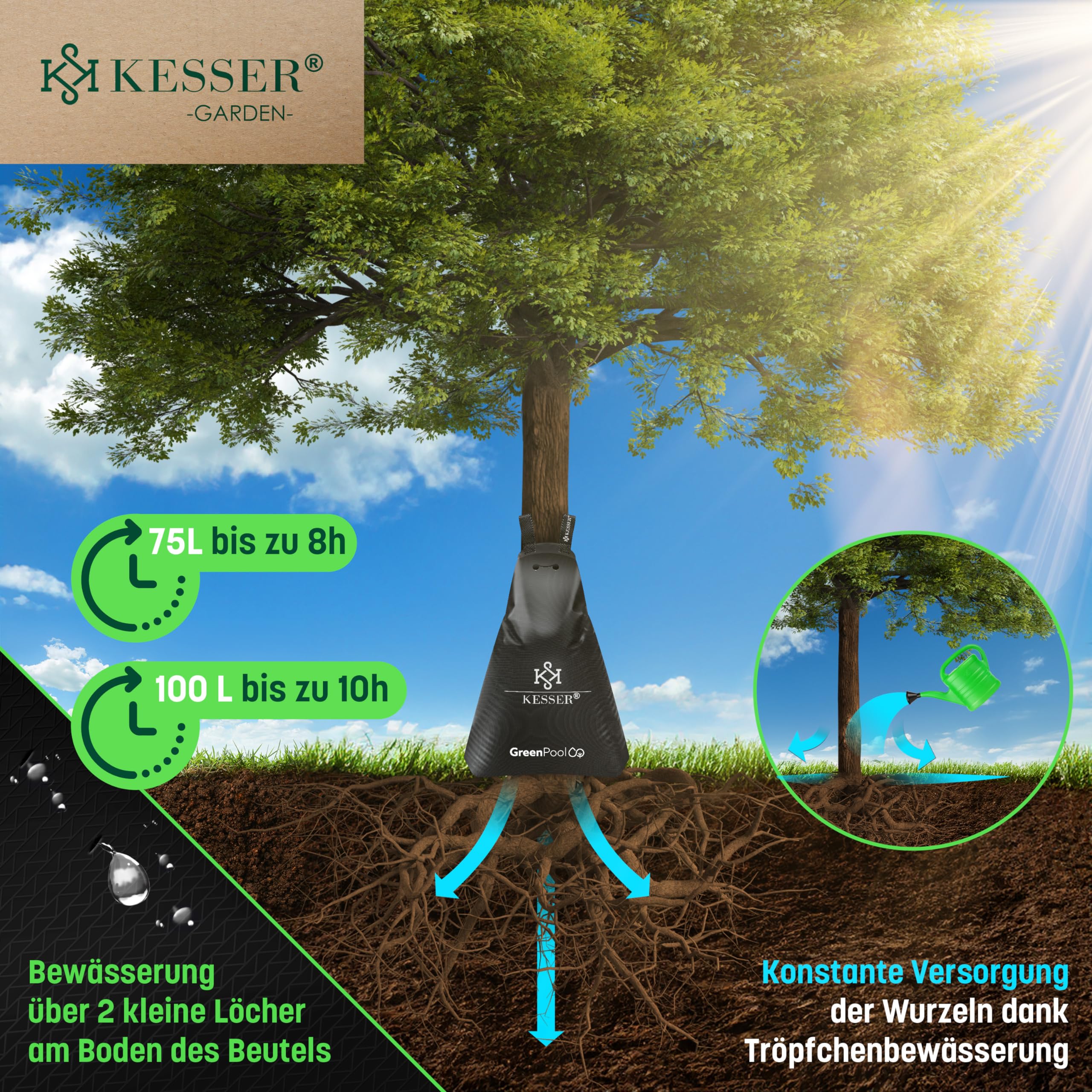 KESSER® Baum-Bewässerungssack 6er Set 75L Wassersack, Baumbewässerungsbeutel, PVC-Tasche langlebig & UV-beständig, Baumbeutel Garten Bewässerungssystem & gezielte Bewässerung von Bäumen, mit Schloss