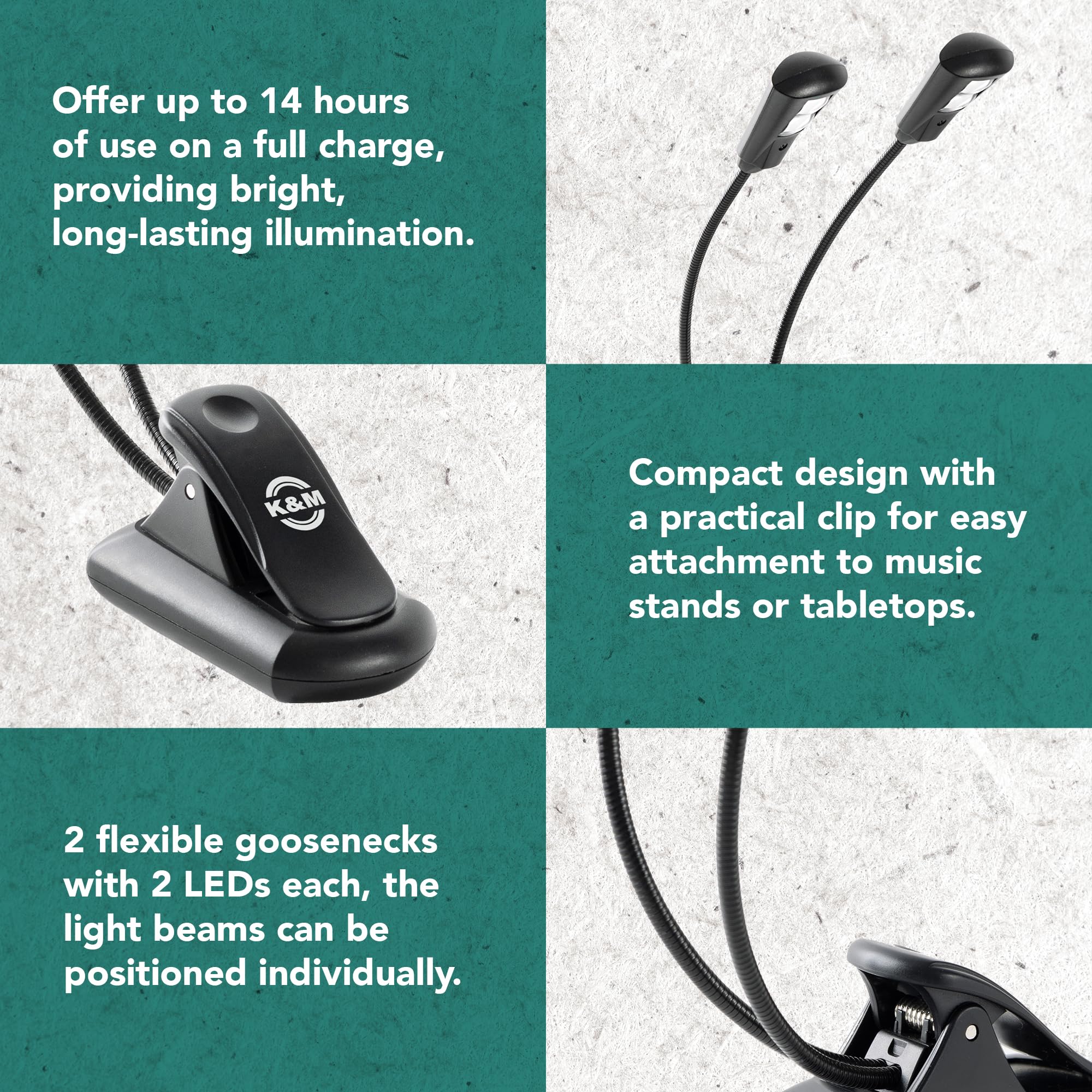 K&M 12259 Notenpultleuchte Double2 LED FlexLight Schwarz - mit Li-Ion-Akku, Clip, 2 flexible Schwanenhälse, 2x 1300 Lux