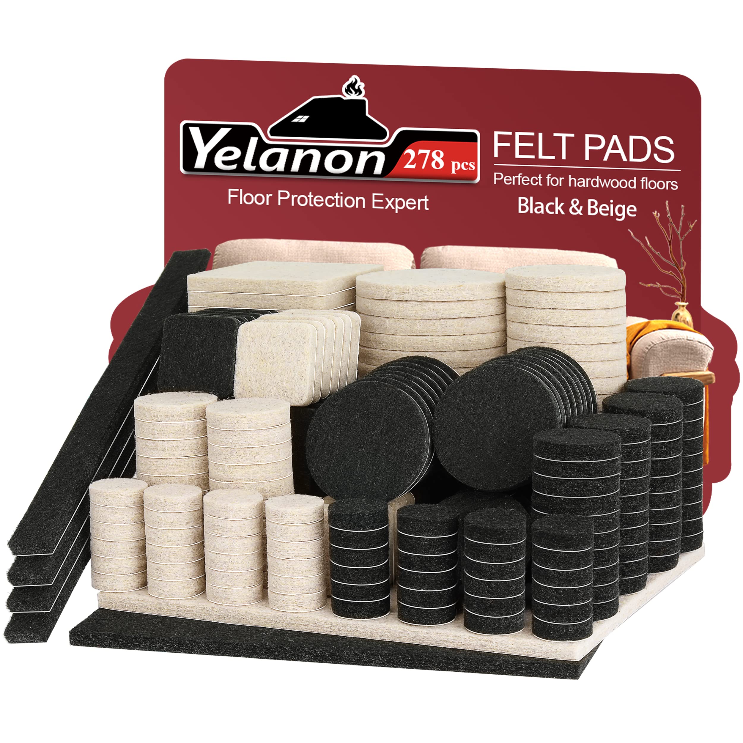 Yelanon Black And Beige Felt Furniture Pads -278 Pcs Furniture Pads Self Adhesive, Felt Chair Pads, Anti Scratch Floor Protectors For Furniture Feet Chair Legs, Furniture Felt Pads For Hardwoods Floors, Black+Beige Large