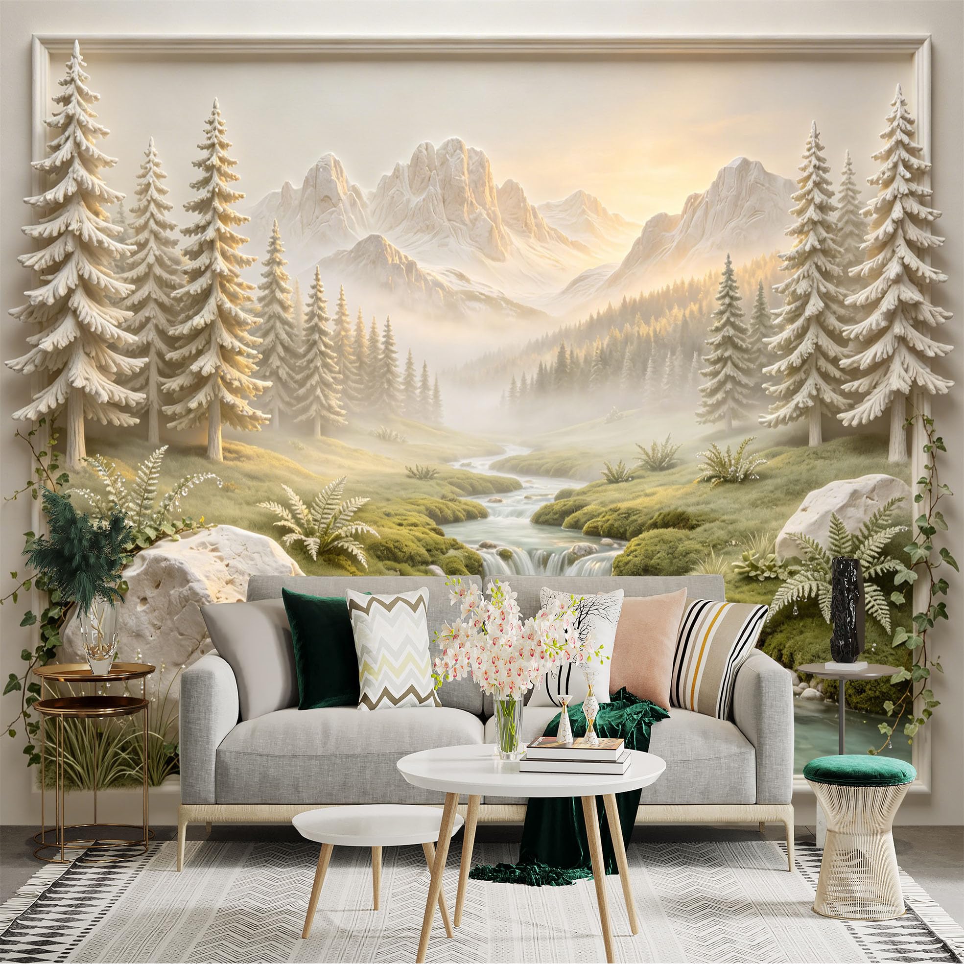 Custom Size Wall Sticker Mural， Misty Mountain Forest with Flowing River and Sunrise Landscape， for wall Decoration， peelandstick wall Decals.