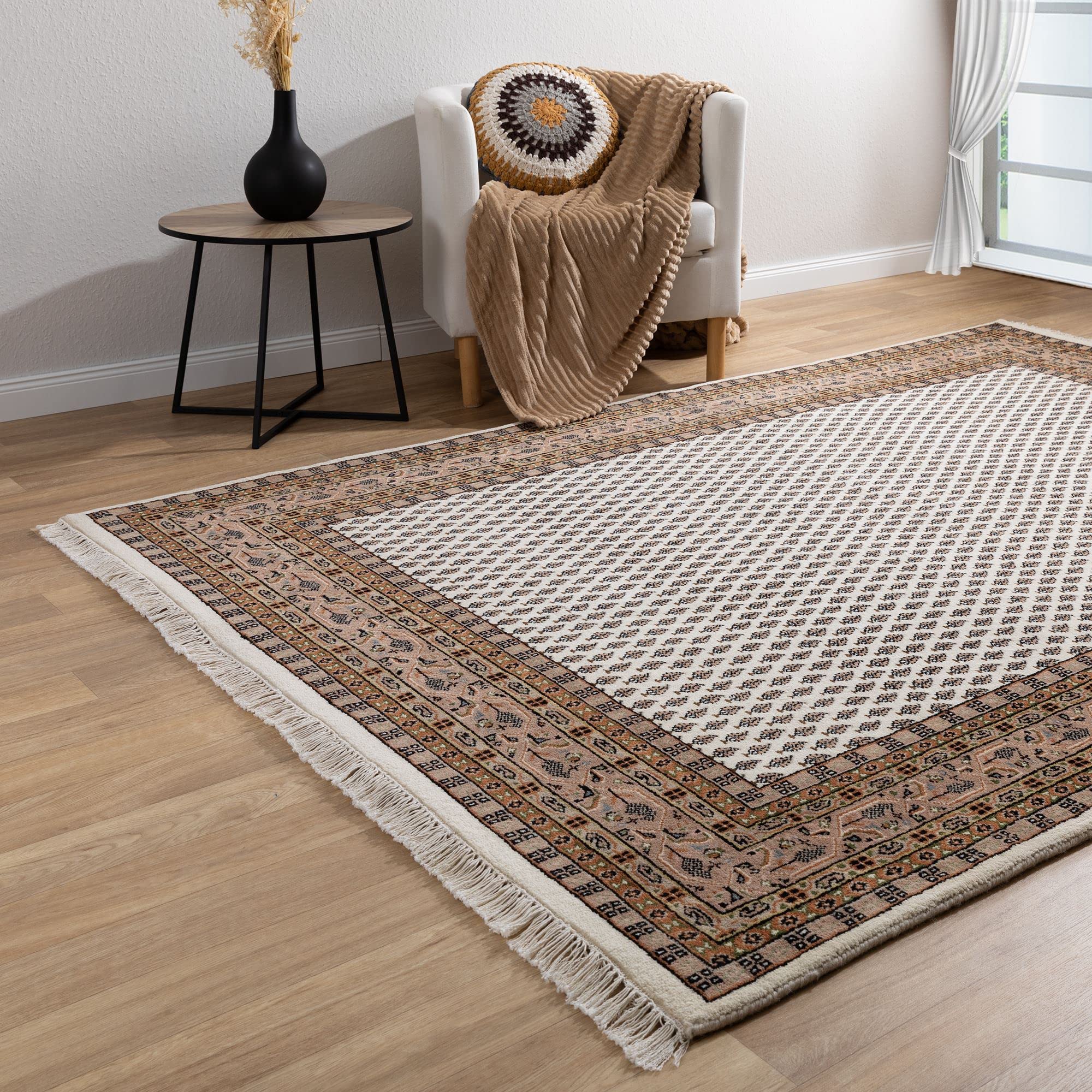 Steffensmeier Orientteppich Mir fein | Beste Schurwolle | Orientalisch | Beige, Handgeknüpft, Größe: 90x160 cm