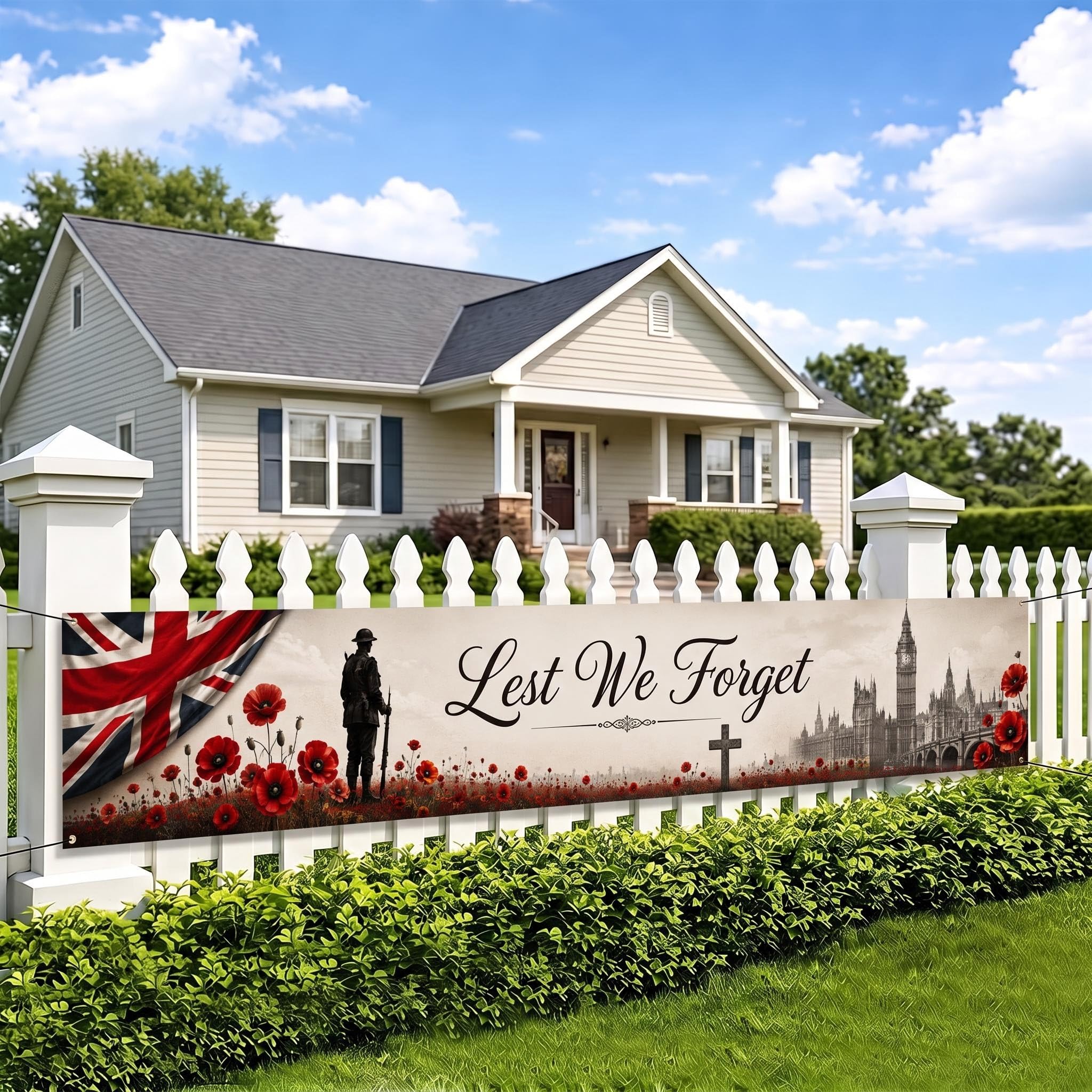 Lest We Forget Banner Flag, Large Remembrance Day Memorial Banner, British Commemorative Hanging Decoration for Indoor Outdoor Display, Military Tribute Garden Fence Wall Decor 118in x 24in (F-White)