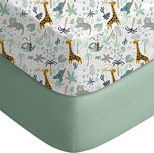 Yoofoss Pack and Play Sheets Fitted, Mini Crib Sheets 2-Pack for Pack N Play Mattress, Stretchy Playard Sheet, Soft and Breathable Green+Giraff