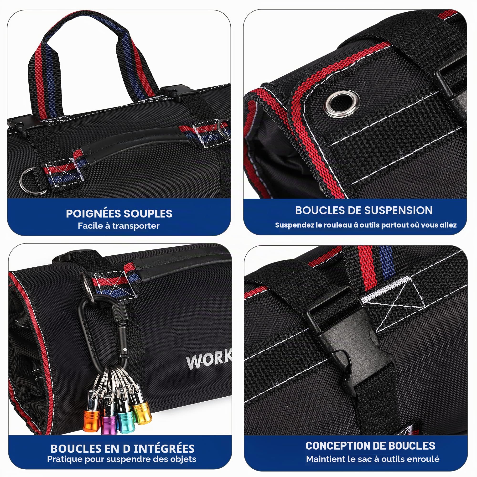 WORKPRO Sac à Outils Enroulable en Toile, Rouleau à Outils 57 * 36CM avec 2 Poches Détachables & 4 Poches Zippées, Pour Siège Arrière et Porte-outils à Suspendre, Electricien/Menuisier
