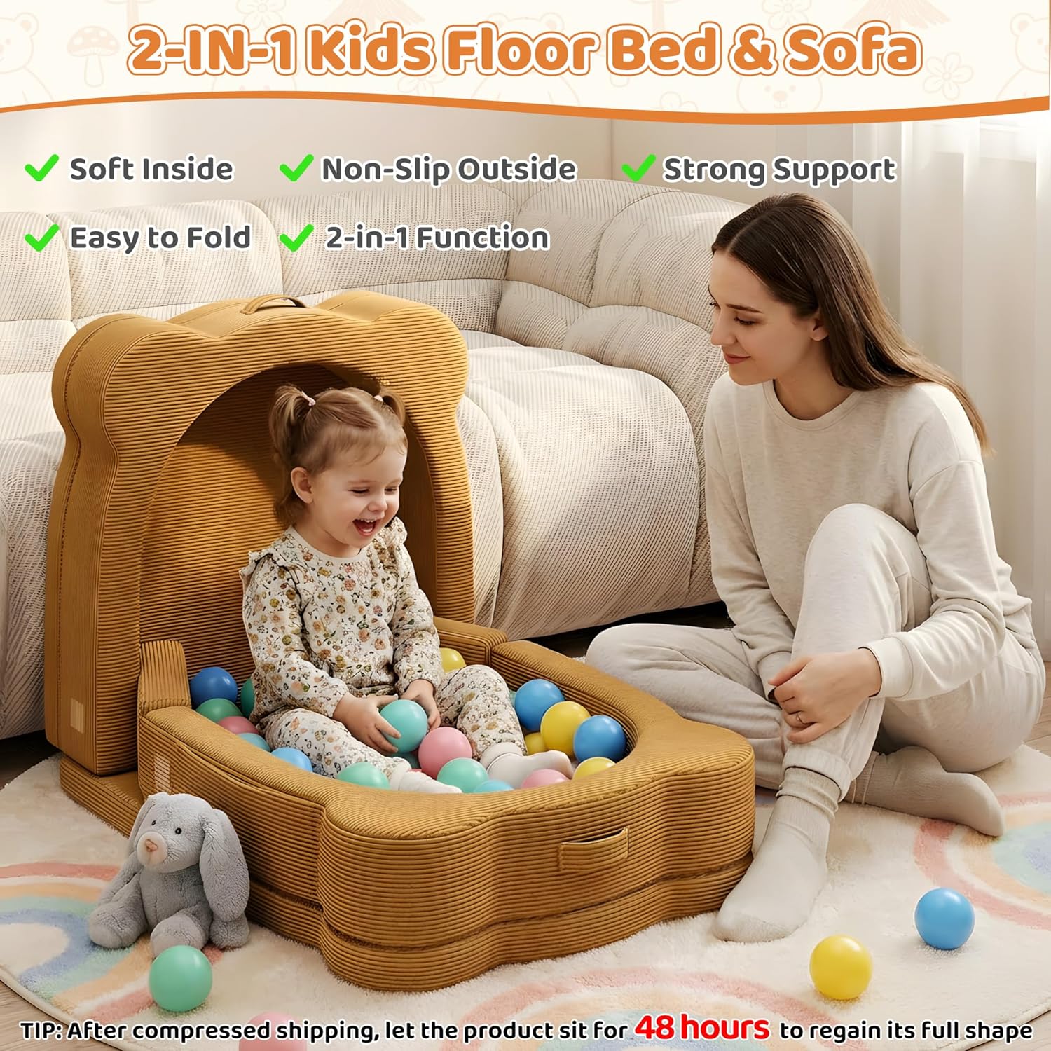 Toddler Travel Bed, Portable Foldable Soft Foam Floor Bed for Toddlers 1–6, Toddler Cots with Washable Cover and Safety Rails, No Assembly, 2-in-1 Kids Travel Floor Crib for Home,Travel & Camping