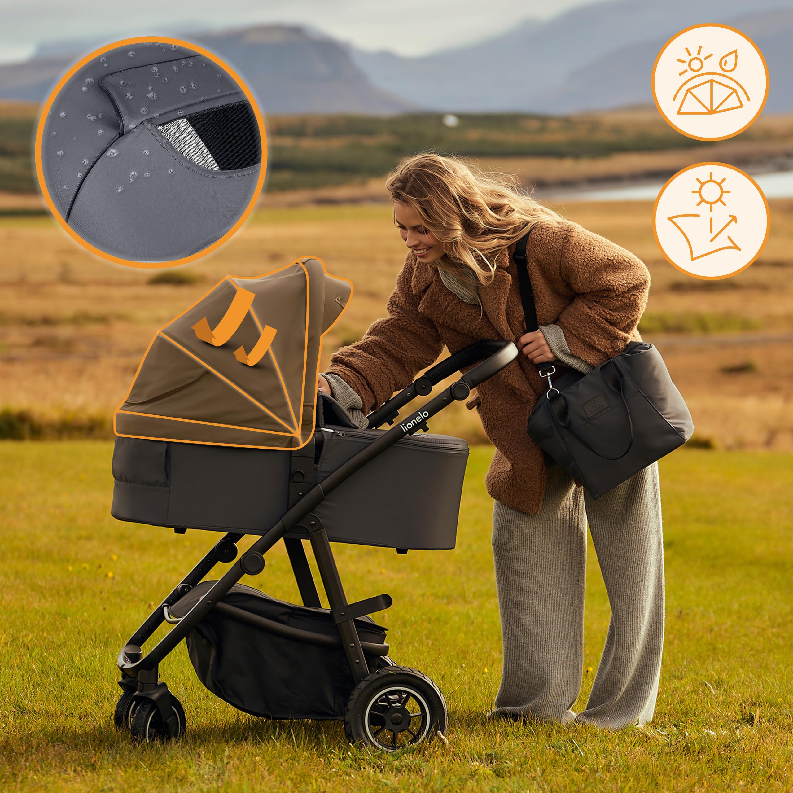 LIONELO AMBER PLUS 3-in-1 Multifunktionaler Kinderwagen von 0 bis 4 Jahren bis 22 kg mit XL-Babywanne, Kindersitz bis 13 kg, verstellbare Rückenlehne, große 360o Geländeräder, XXL-Verdeck