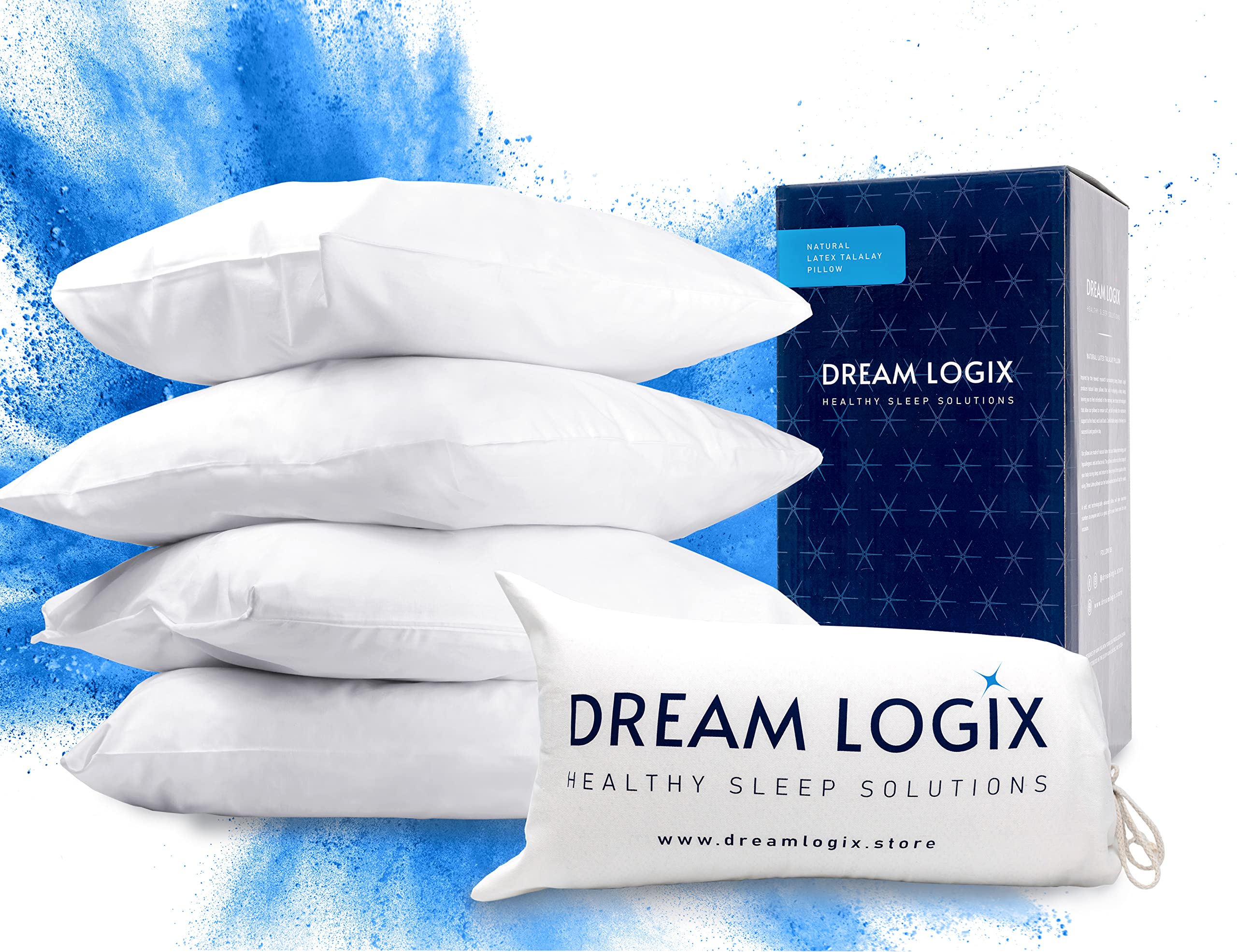 Dream Logix Talalay Natural Latex 4 Soft Pillows Bundle - Side & Stomach Sleepers, Pillows for Sleeping, Natural Cotton Covers & Travel Bags (2 Standard Size 24’'x16''+ 2 Queen Size 28’'x16'')