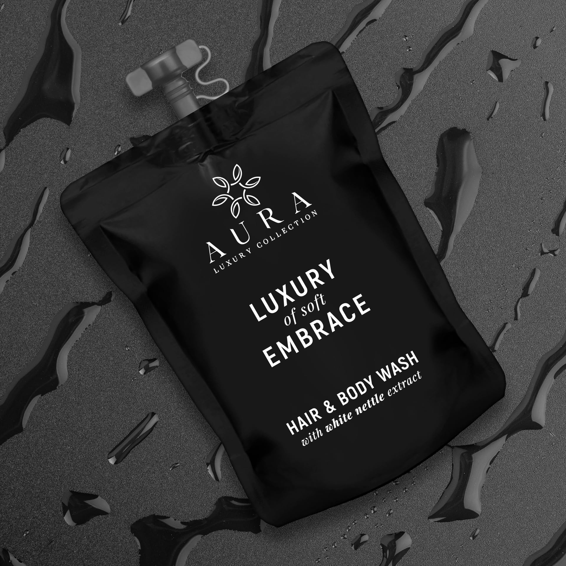 Aura Luxury Collection Black Edition Zestaw 100 saszetek ze stojakiem na prysznic 30 ml z korkiem z organicznymi ekstraktami z białej pokrzywy - zestaw kosmetyków do kąpieli hotelowej i B & B