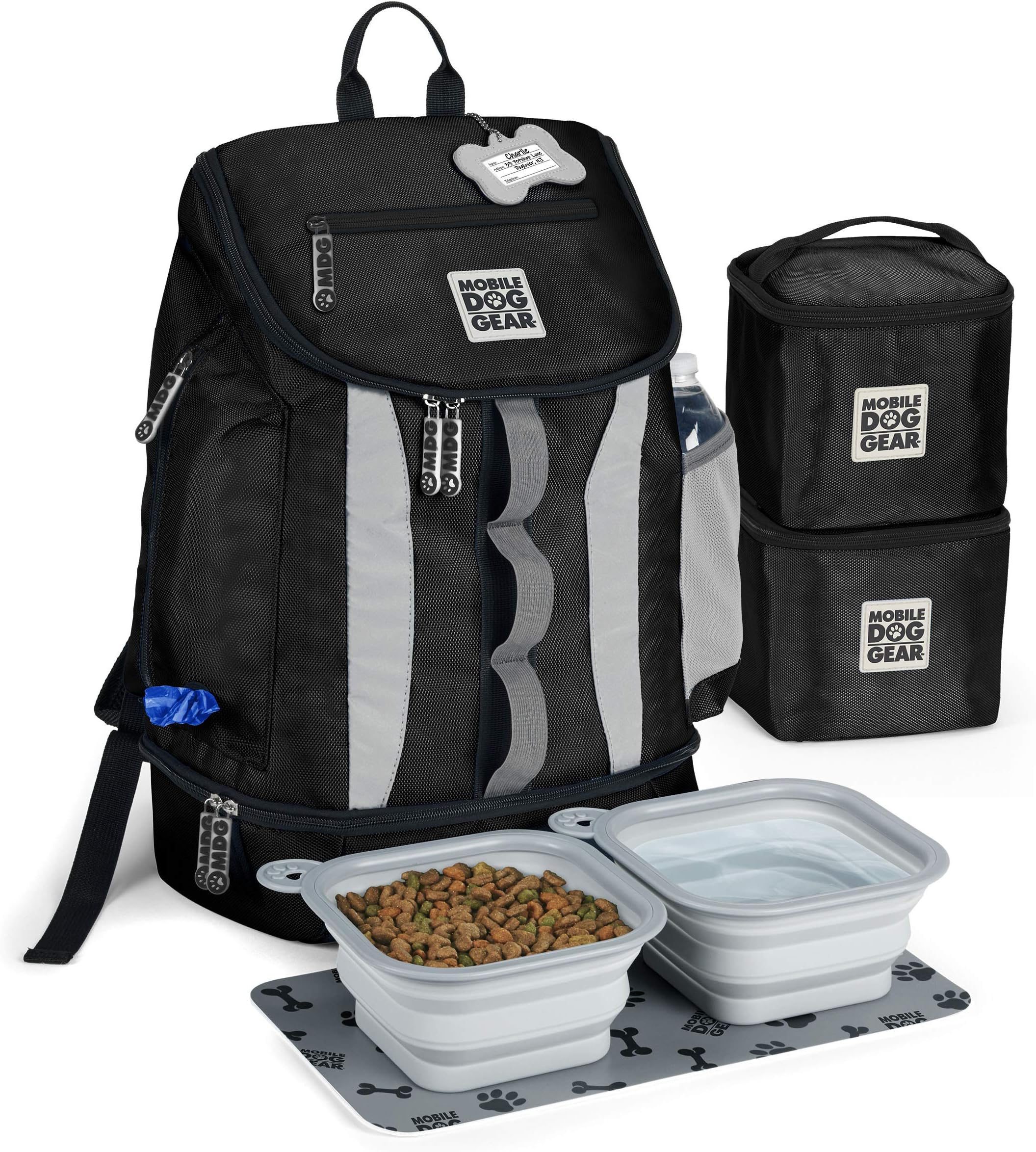 Mobile Dog GearDog Travel Bag, Drop Bottom Week Away Backpack for Medium and Large Dogs, Includes 2 Lined Food Carriers and 2 Collapsible Dog Bowls, Black
