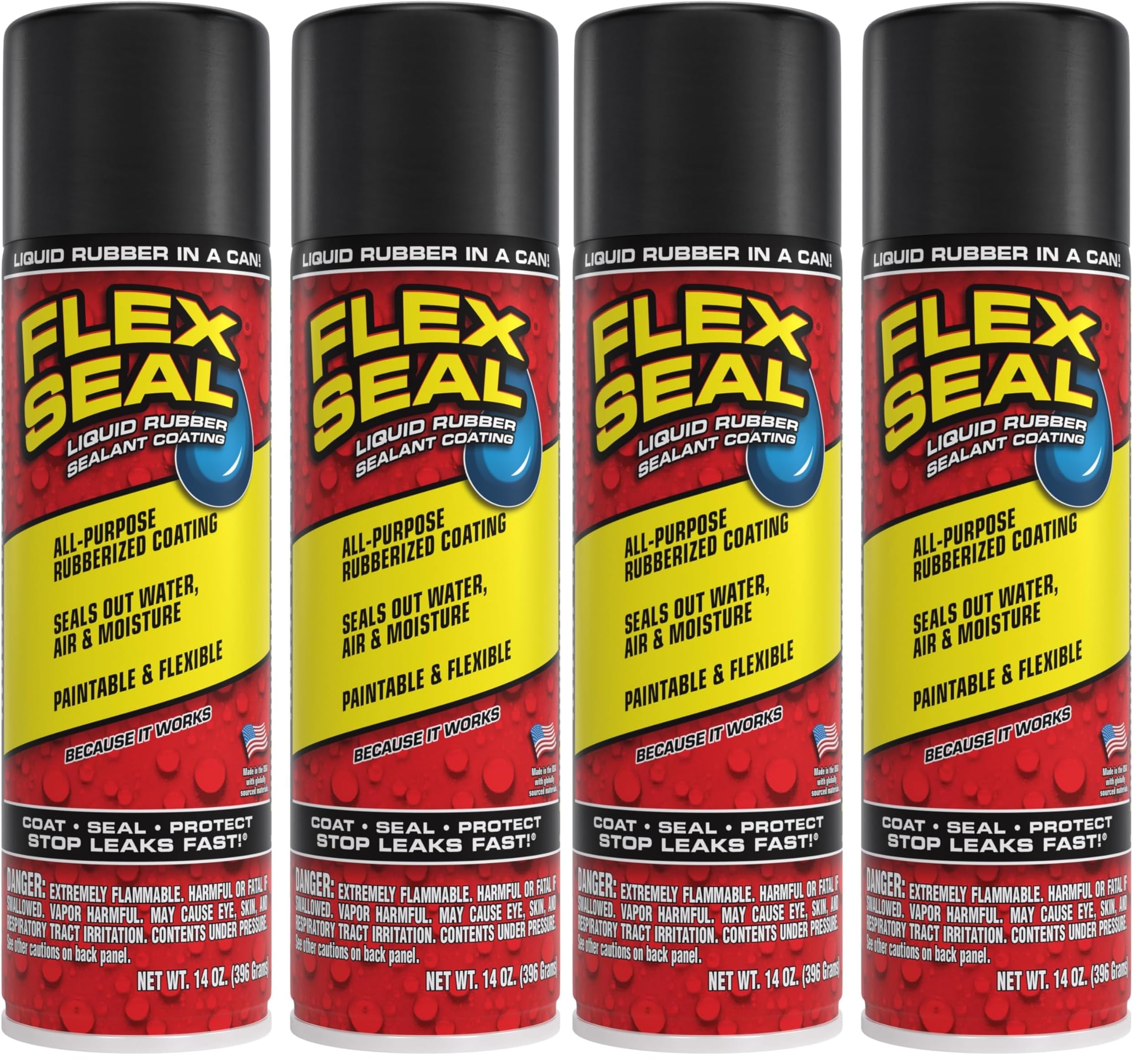 Flex Seal MAX, 17 oz, 4-Pack, Black, Stop Leaks Instantly, Waterproof Rubber Spray On Sealant Coating, Perfect for Gutters, Wood, RV, Campers, Roof Repair, Skylights, Windows, and More