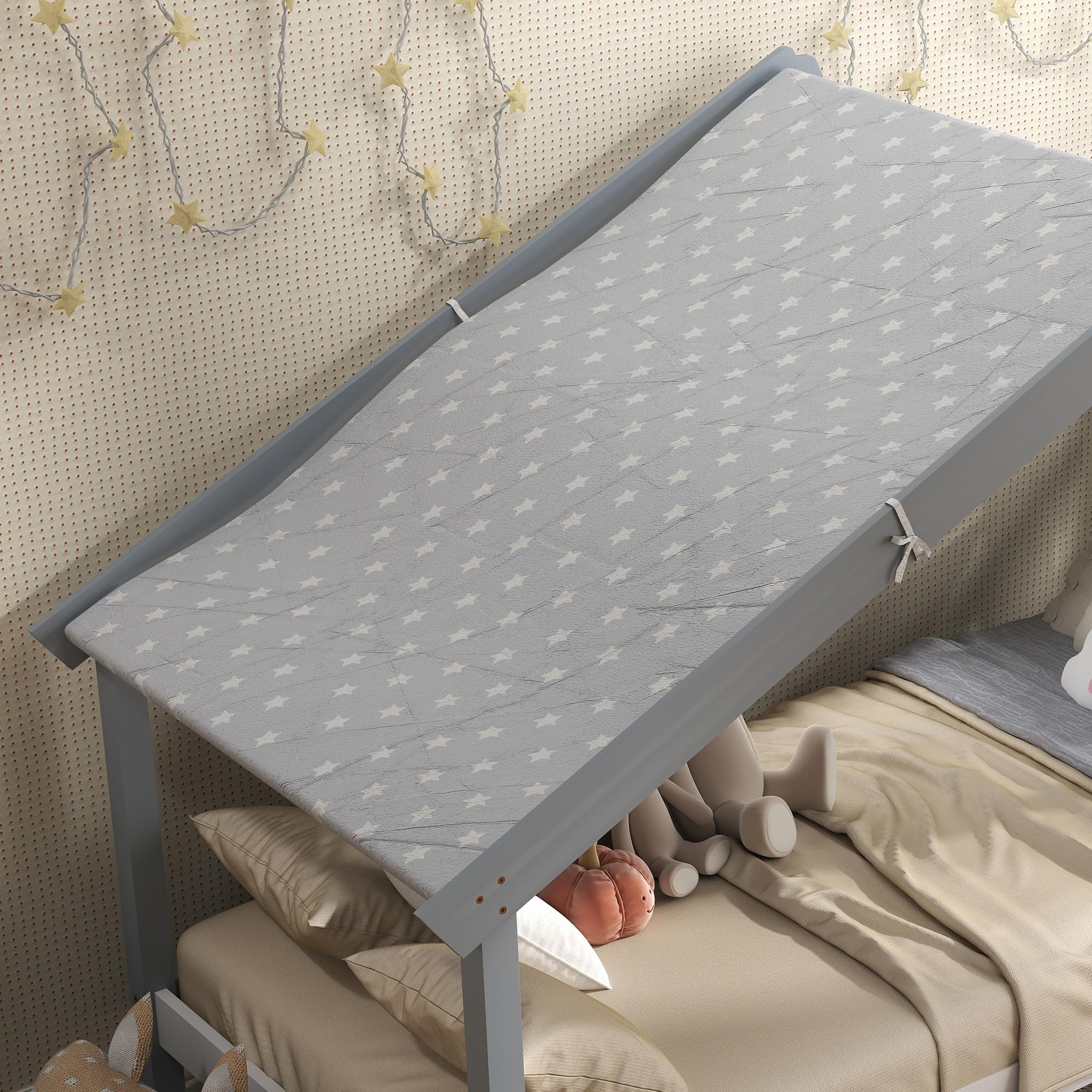HOMCOM Letto Montessori per bambini a Casetta con Tetto Stellato, Letto per Bambini 90x190 cm per Cameretta con Struttura in Legno di Pino, 15 Doghe e Barriere di Protezione, Grigio