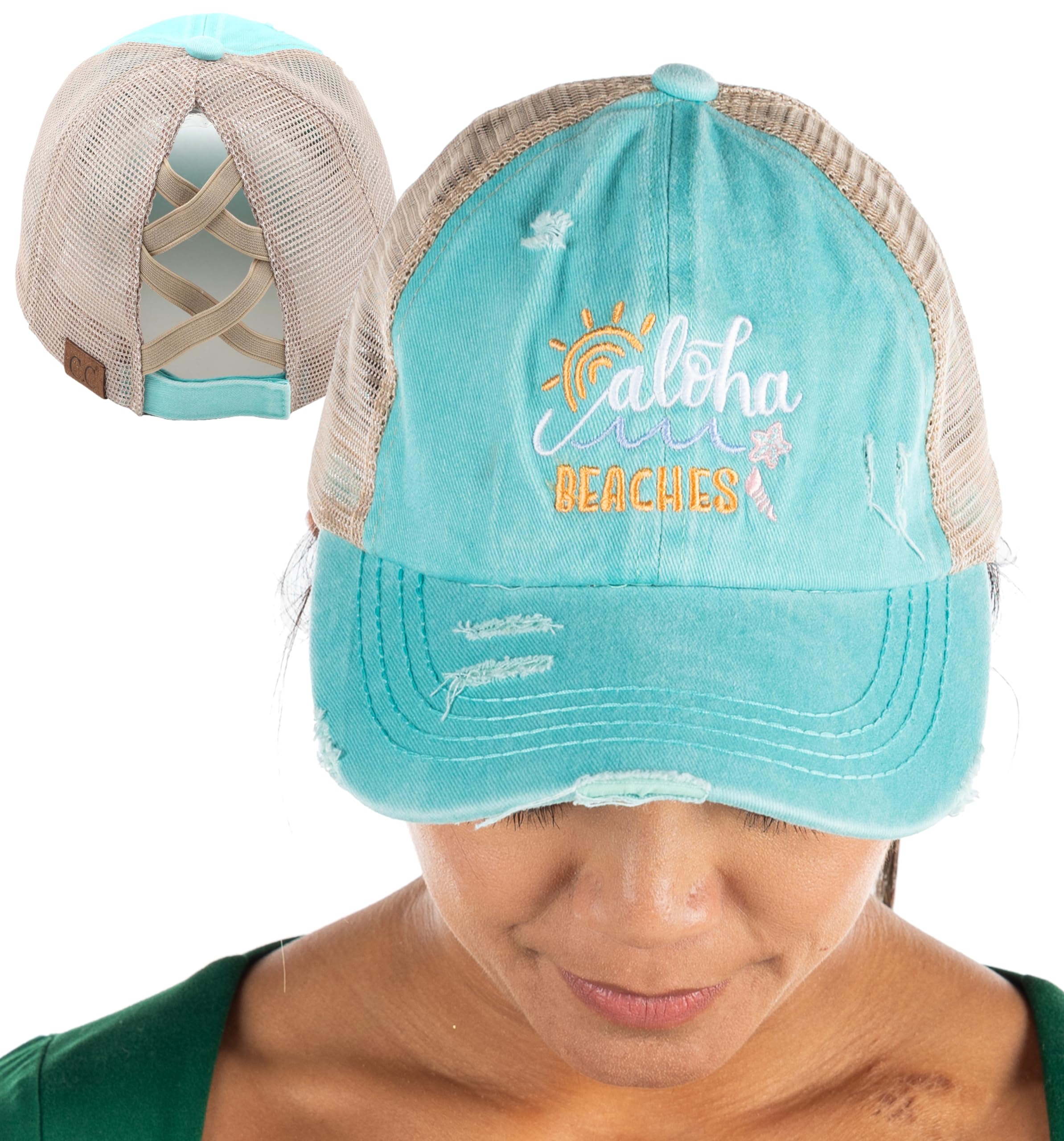 Funky Junque Criss Cross Hat Womens Baseball Cap Distressed Ponytail Messy Bun Trucker Ponycap