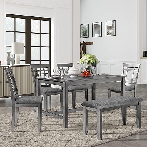 Merax Dining Table Sets, 6-Piece Kitchen Dining Table Sets, Wooden Rectangular Dining Table, 4 Dining Chair & Bench Family Furniture (Antique Graywash, 6 Piece)