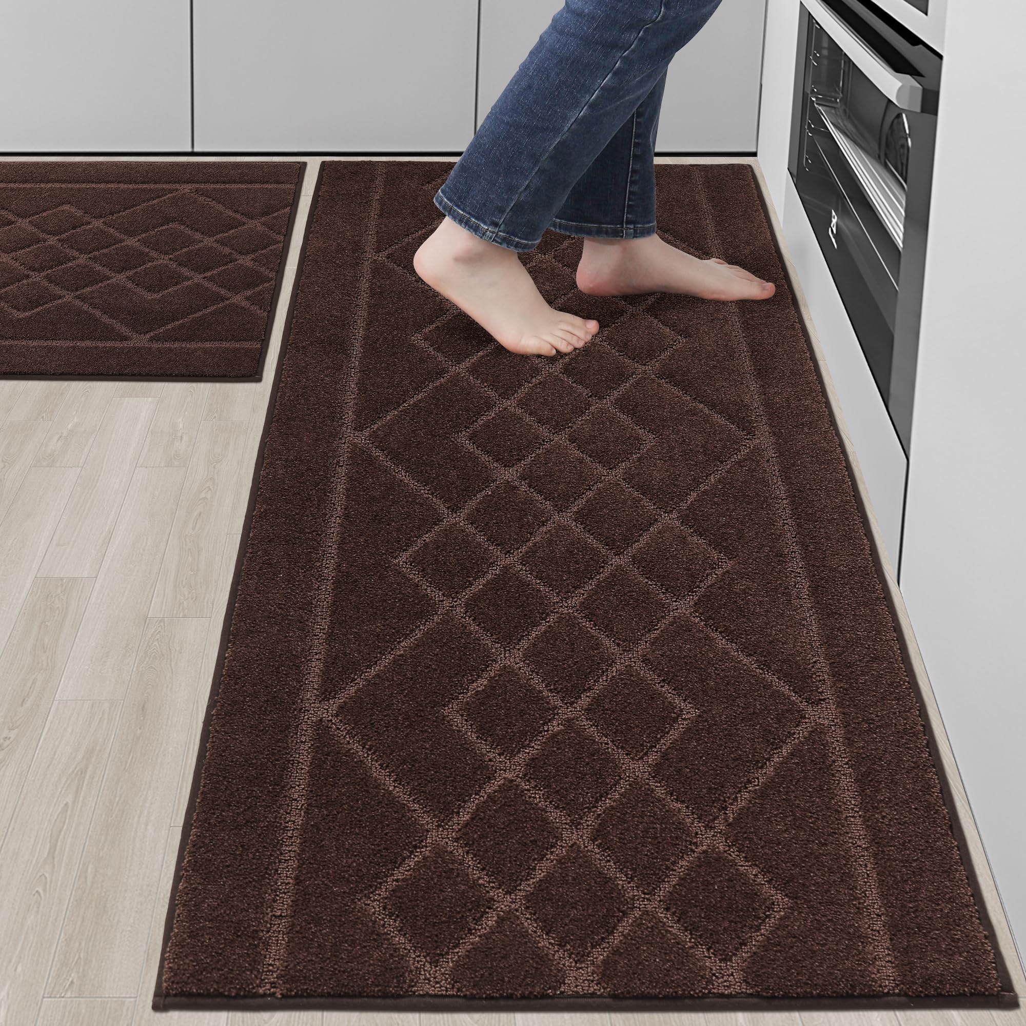BEQHAUSE Kitchen Rugs and Mats Set of 2, Non-Slip Kitchen Mats for Floor, Absorbent and Stain Resistant Kitchen Runner, Machine Washable Rugs for Kitchen, Laundry & Sink, 24"x35"+24"x60", Brown
