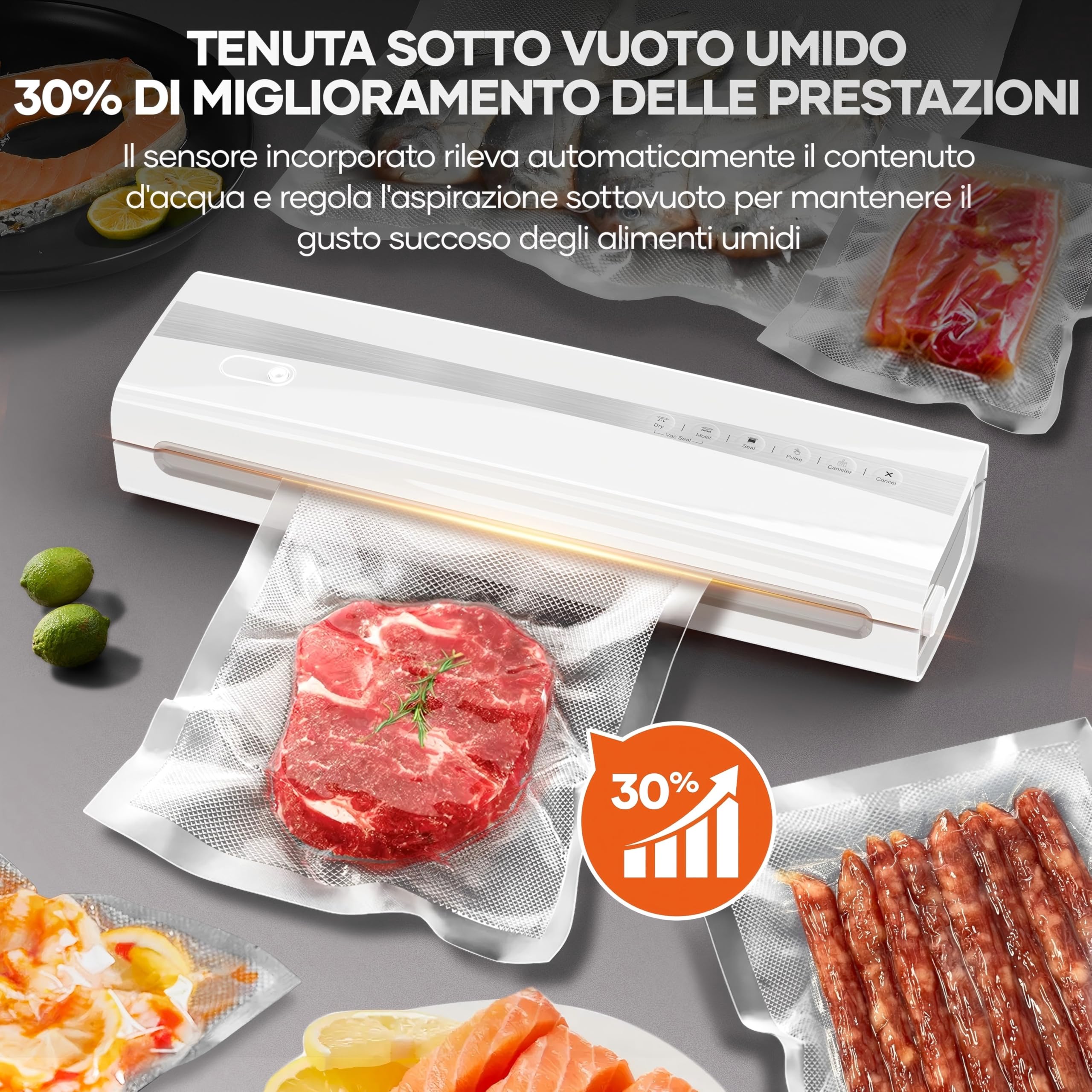 Kejector Macchina Sottovuoto Alimenti 5 in 1, sigillatrice per sottovuoto,5m rotolo sottovuoto, taglierina per sacchetti, tubo sottovuoto, modalità asciutto/bagnato per la conservazione degli alimenti