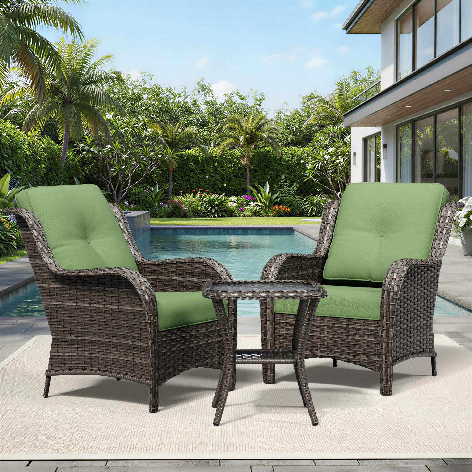 Joyside 3 Piece Wicker Patio Furniture Set, Rattan Patio Chairs with High Back, Deep Seating, Wide Armrest, Thickened Cushions, Outdoor Furniture for Deck, Porch Use