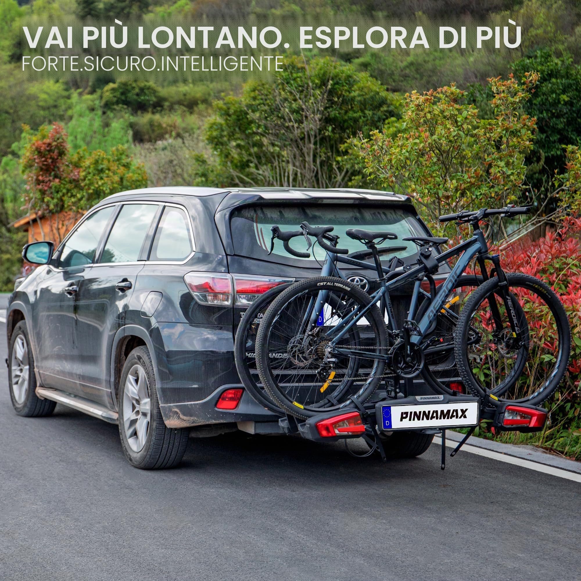 EBike Portabici per 2 biciclette – Portabici pieghevole e inclinabile per il gancio di traino fino a 60 kg – Portabici posteriore con protezione antifurto, fanale posteriore e portatarga