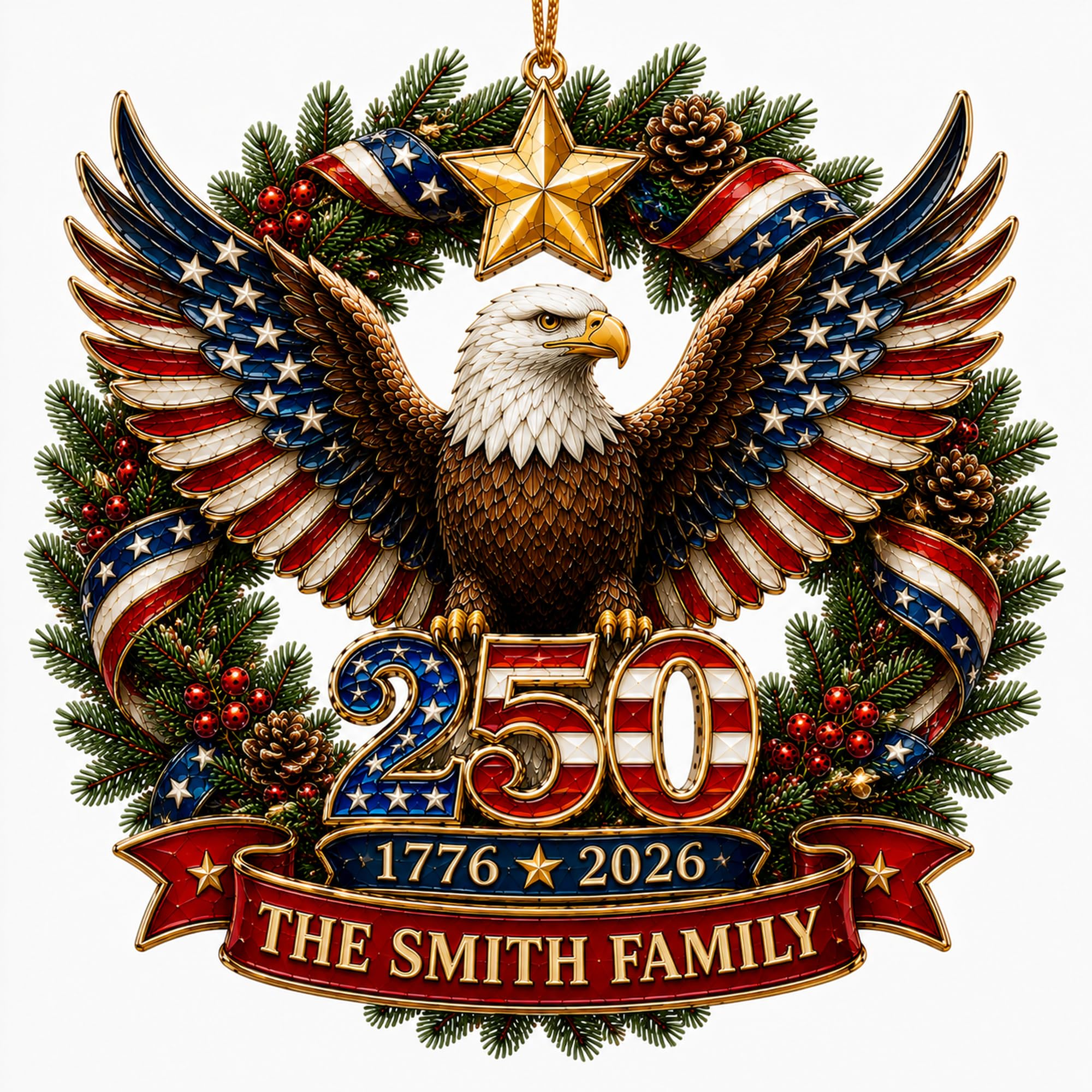 [Made in USA] Personalized 250th Anniversary USA Flat Acrylic Christmas Ornament, Custom Family Name Patriotic Eagle Wreath Ornament, 1776-2026 250 Years of Freedom Holiday Keepsake Gift