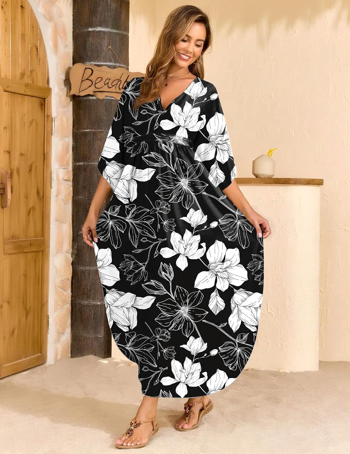 MAKABO Kaftan for Women Dress V Neck Short Sleeve Beach Vacation Bikini Swimsuit Cover Ups Loungewear for Summer - Image 6