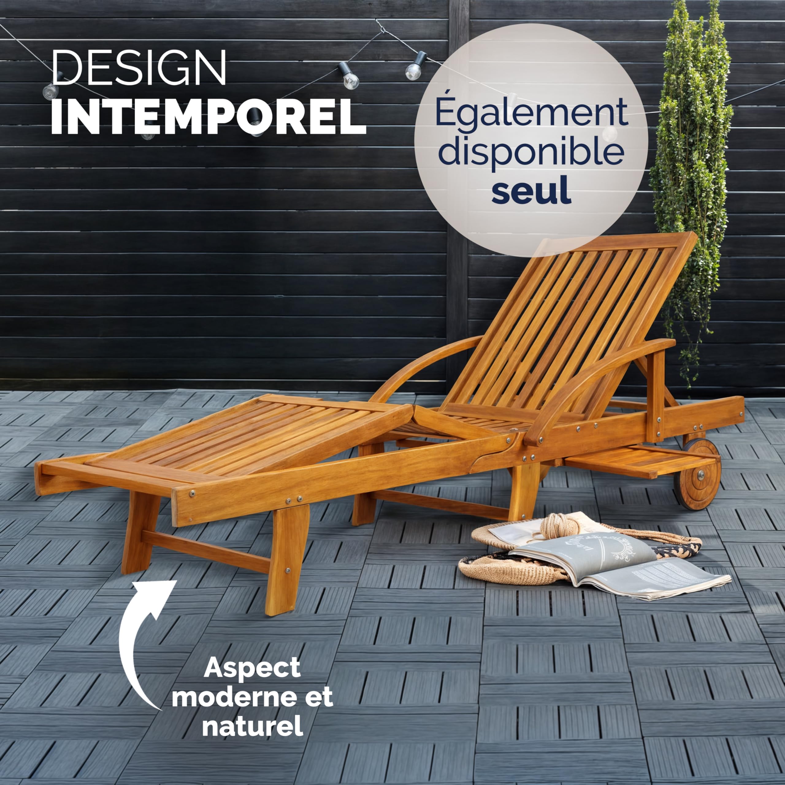 Casaria® 2X Chaise Longue Jardin Exterieur Tami Sun en Bois D Acacia Chaise Pliante avec Roues Type Transat Bain De Soleil Chaise Bois pour Salon De Jardin Exterieur