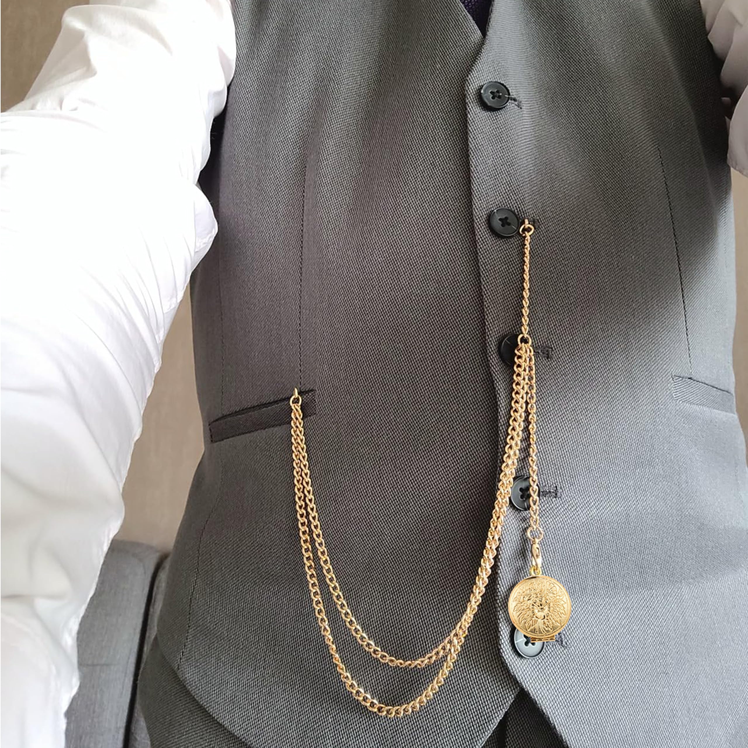 ManChDa Pocket Watch Albert Chain Pocket Watch and Chain, T-Bar Chain with Compass Pendant, Curb Link Chain 2 Hook Antique Fob T Bar for Men…