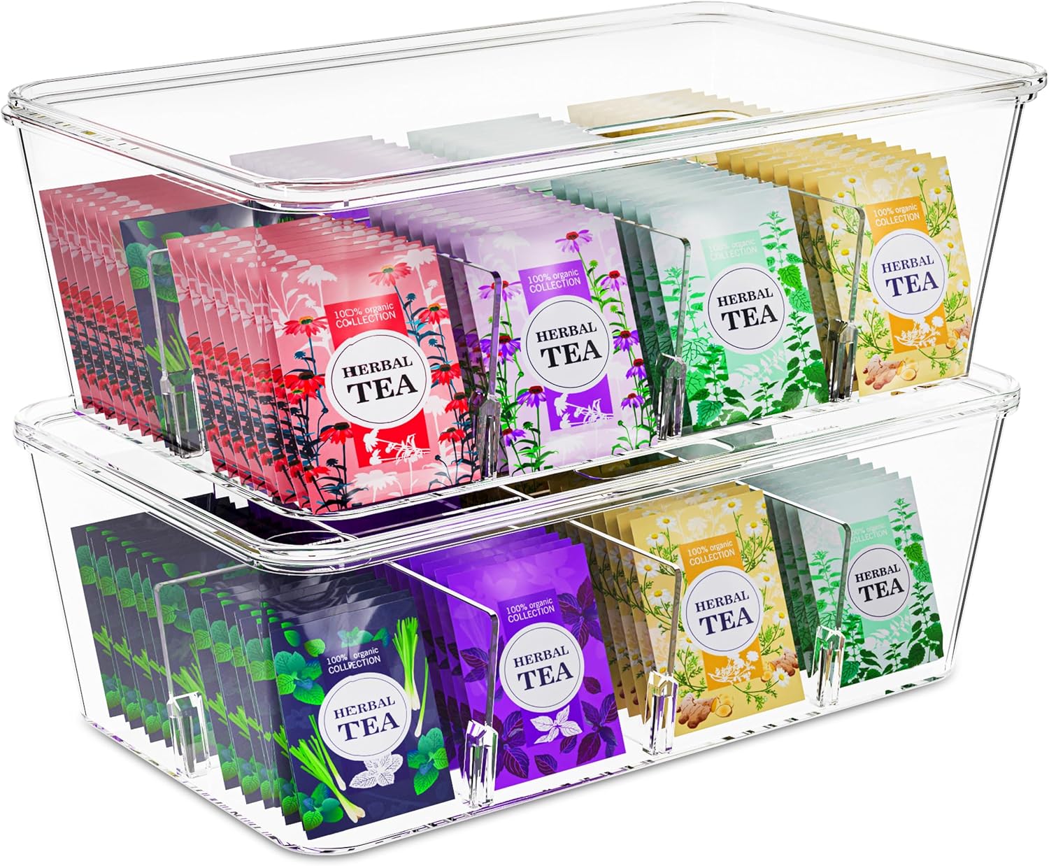 Utopia Home Tea Bag Organizer with Lids, Stackable Tea Box, 2 Pack, Clear