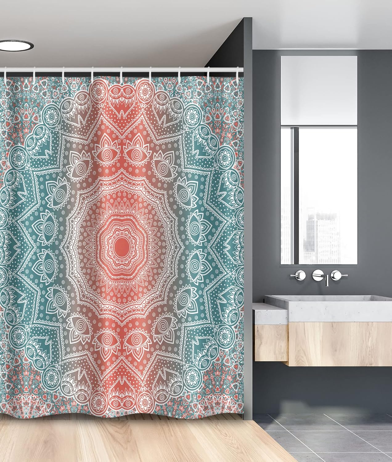 Ambesonne Coral and Teal Stall Shower Curtain, Modern Tribal Mandala Tibetan Healing Motif with Floral Geometric Ombre Art, Fabric Bathroom Decor Set with Hooks, 54" W x 78" L, Coral Teal