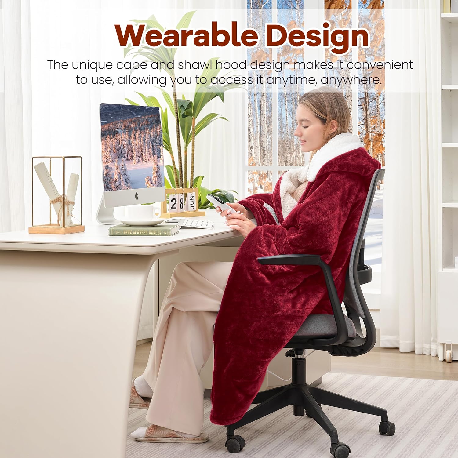 Heated Blanket Wearable Electric Blanket with Hood and Pockets, Heating Throw Blanket, Electric Heated Wrap Shawl with 6 Heating Levels Setting & 4 Hours Auto Shut Off, Machine Washable(Shrot, Wine) - Image 2